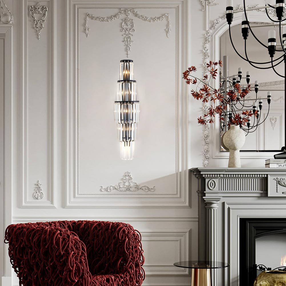29.5 inch Modern Wall Sconce Crystal Vanity Wall Sconce Lighting 5-Light Black Wall Light Fixtures for Bedroom Living Room Bathroom Hallway