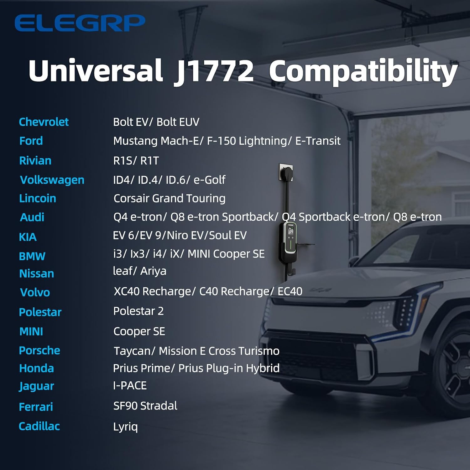 ELEGRP Level 2 EV Charger 40Amp, J1772 Portable Electric Car Charger, 240V NEMA 14-50 Plug, ETL Certified with 25FT Extension Cable