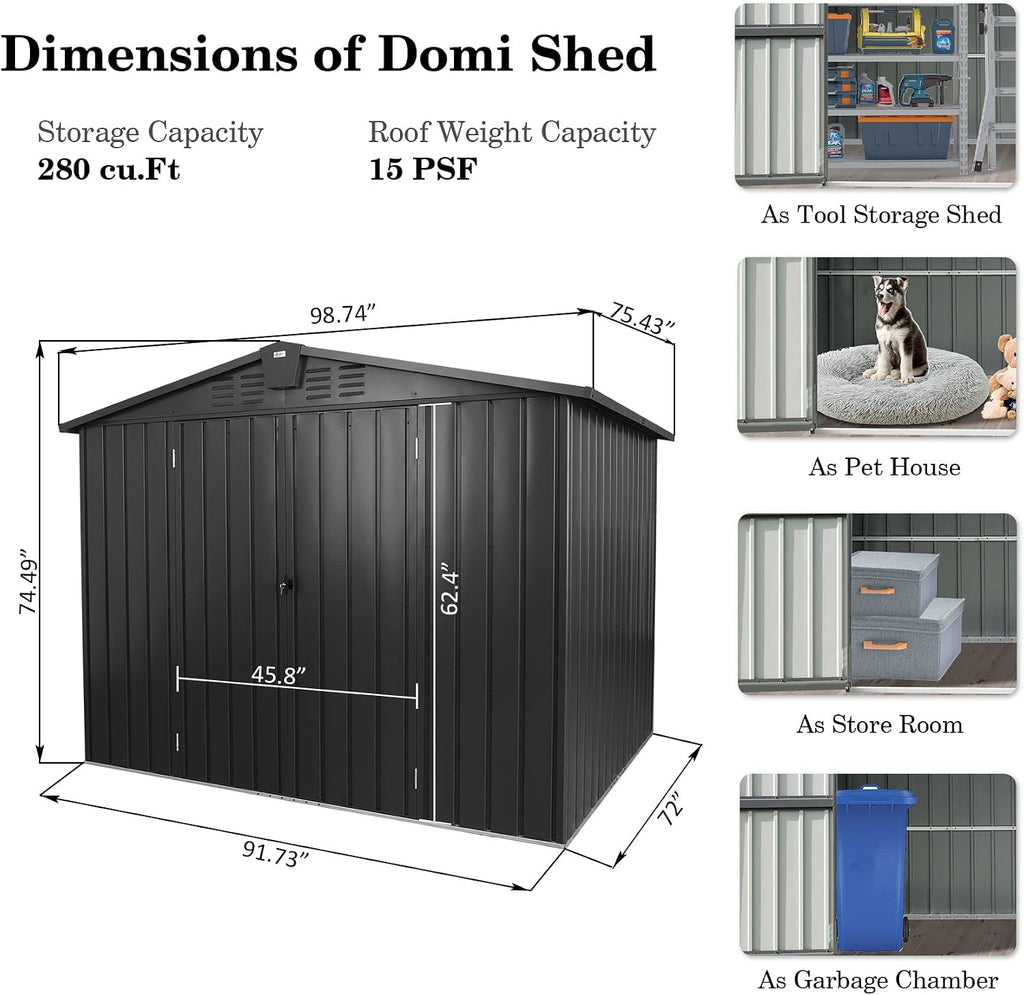 Domi Outdoor Storage Shed 8.2'x 6.2', Metal Garden Shed for Bike, Trash Can, Tools, Lawn Mowers, Pool Toys, Galvanized Steel Outdoor Storage Cabinet with Lockable Door for Backyard, Patio, Lawn