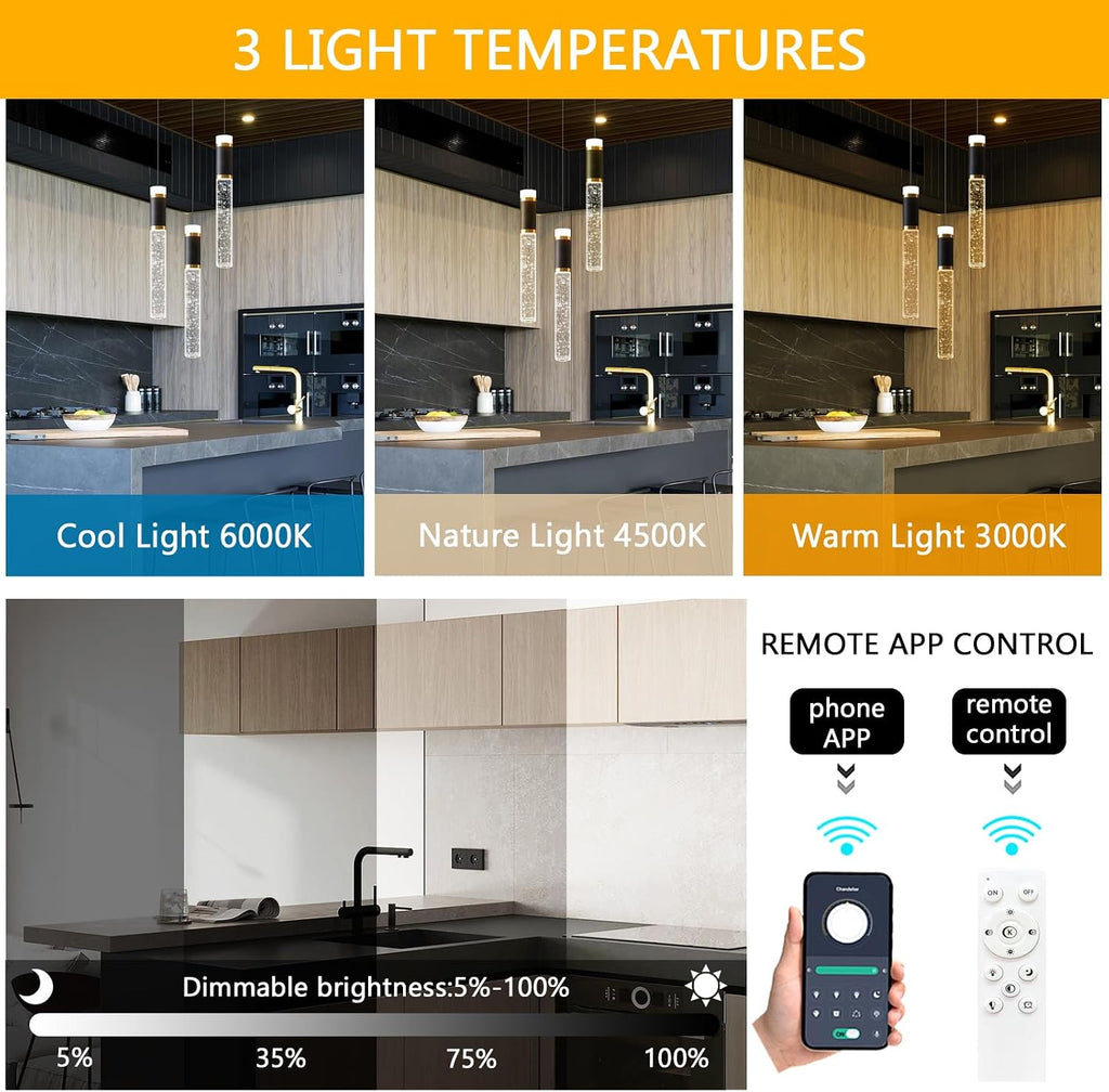 Mini Chandelier for Kitchen Island Modern Crystal Pendant Lighting LED Dining Room Hanging Lights Cylinder Drop Lights Ceiling Lighting Fixture Kitchen Sink Bedroom Bathroom 2700K 6000K