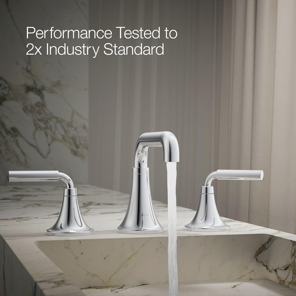 KOHLER K-27416-4-CP Tone™ Widespread Bathroom Sink Faucet, 3-Hole, Widespread Bathroom Faucets with Two Lever Handles and Clicker Drain, 1.2 GPM, Polished Chrome