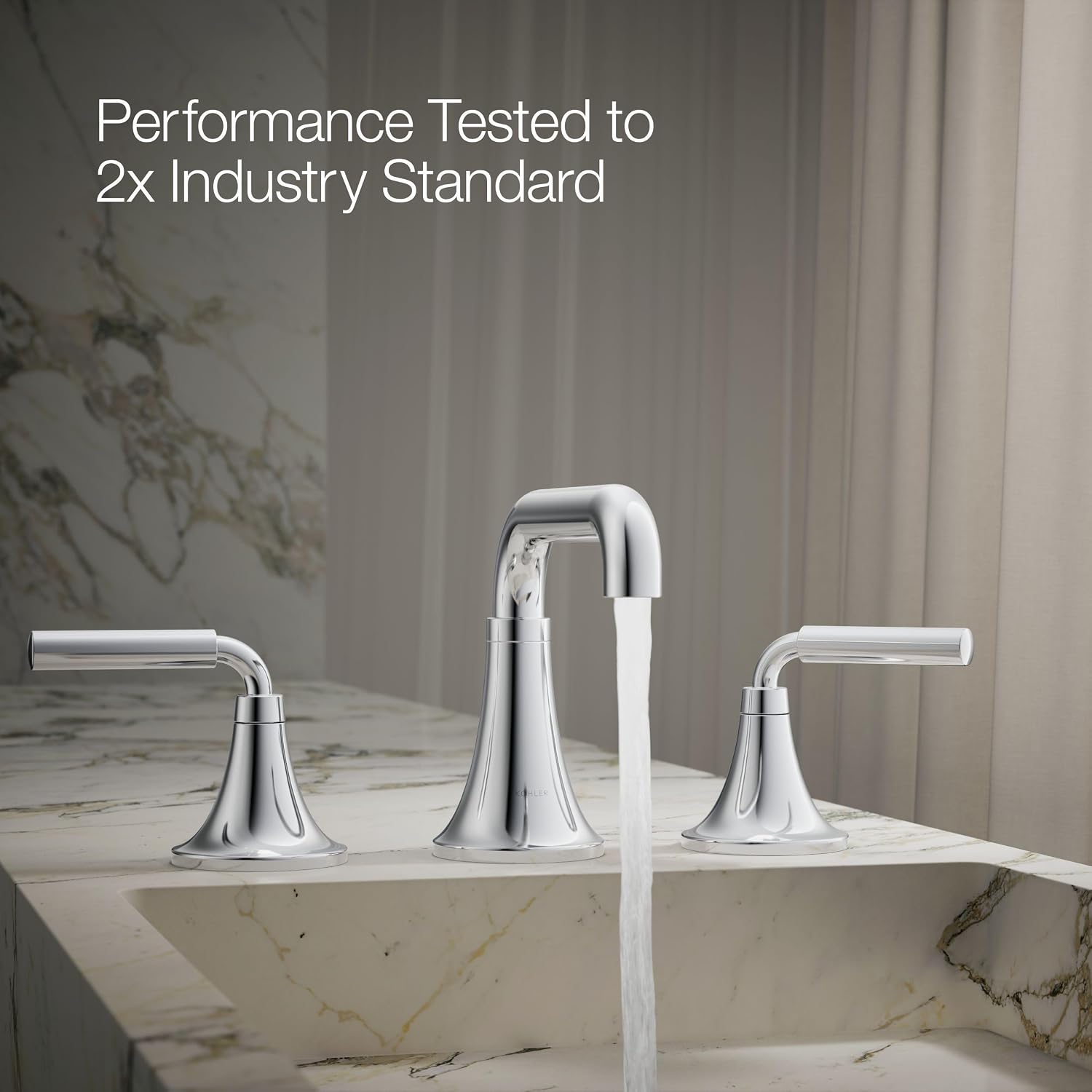 KOHLER K-27416-4-CP Tone™ Widespread Bathroom Sink Faucet, 3-Hole, Widespread Bathroom Faucets with Two Lever Handles and Clicker Drain, 1.2 GPM, Polished Chrome