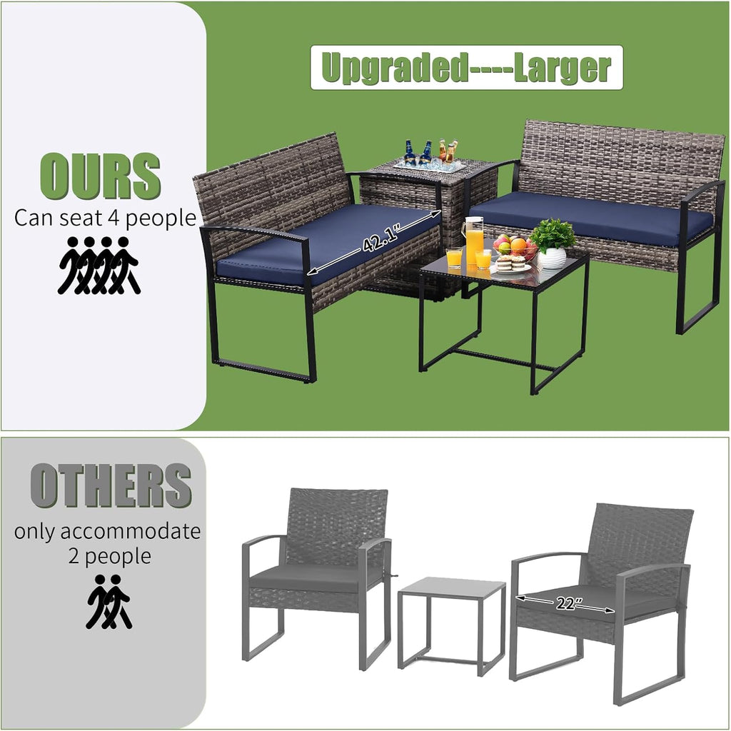 FHFO 4 Piece Outdoor Patio Furniture Set with Built-in Beverage Cooler Storage Box, Wicker Conversation Sets Patio Outdoor Loveseats & Coffee Table for Outside, Garden, Balcony, Porch, Grey/Blue