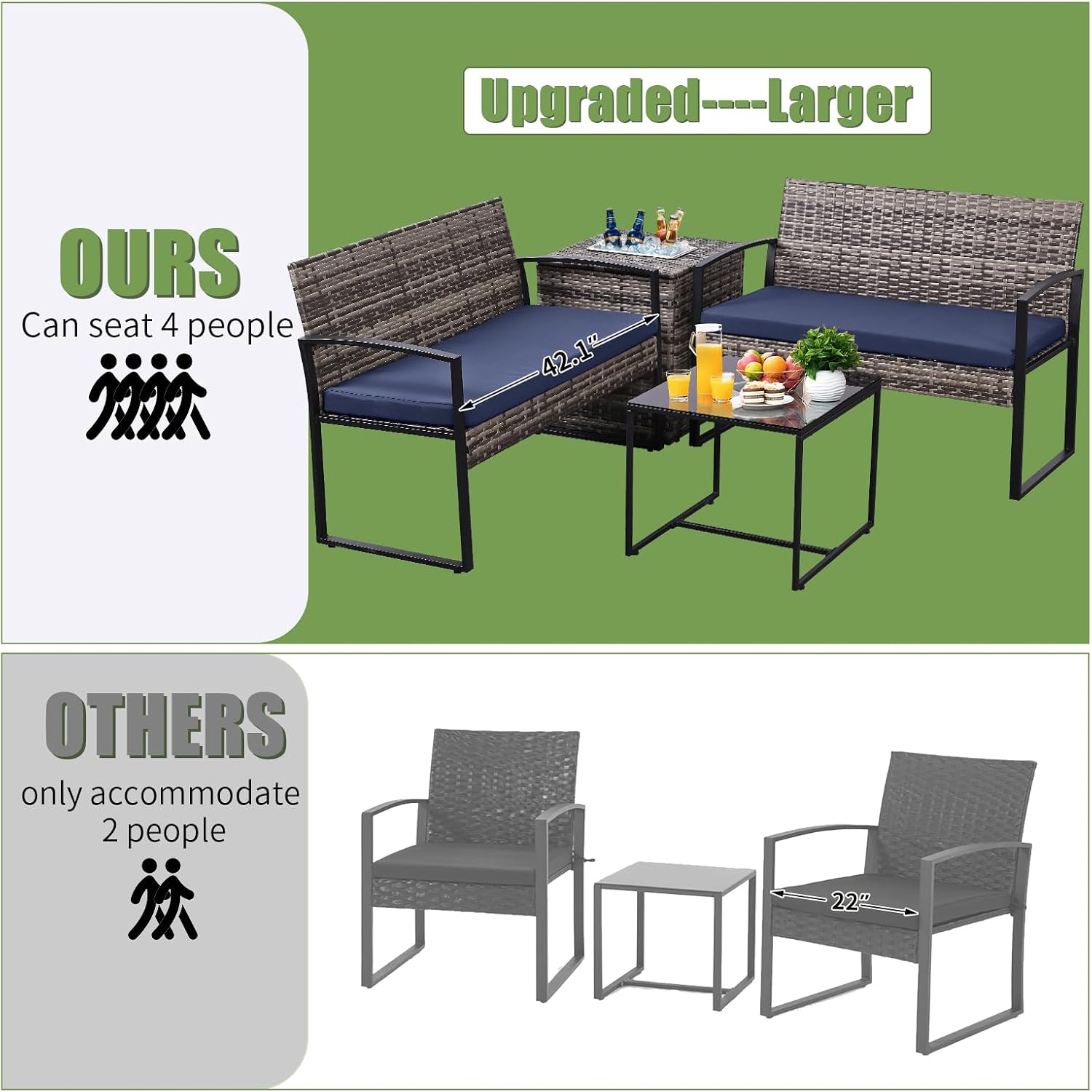 FHFO 4 Piece Outdoor Patio Furniture Set with Built-in Beverage Cooler Storage Box, Wicker Conversation Sets Patio Outdoor Loveseats & Coffee Table for Outside, Garden, Balcony, Porch, Grey/Blue