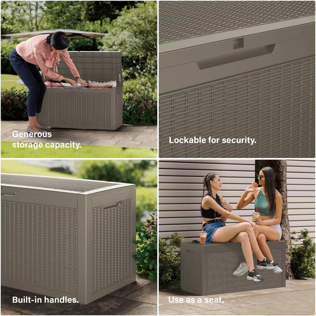 105 Gallon Resin Deck Box, Waterproof Outdoor Storage Bin for Patio Furniture, Pool Accessories, and Garden Tools, Lockable & UV-Resistant, Grey