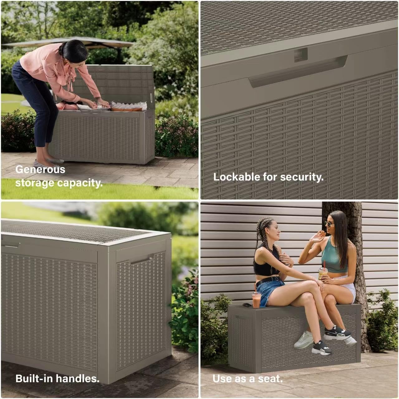 105 Gallon Resin Deck Box, Waterproof Outdoor Storage Bin for Patio Furniture, Pool Accessories, and Garden Tools, Lockable & UV-Resistant, Grey