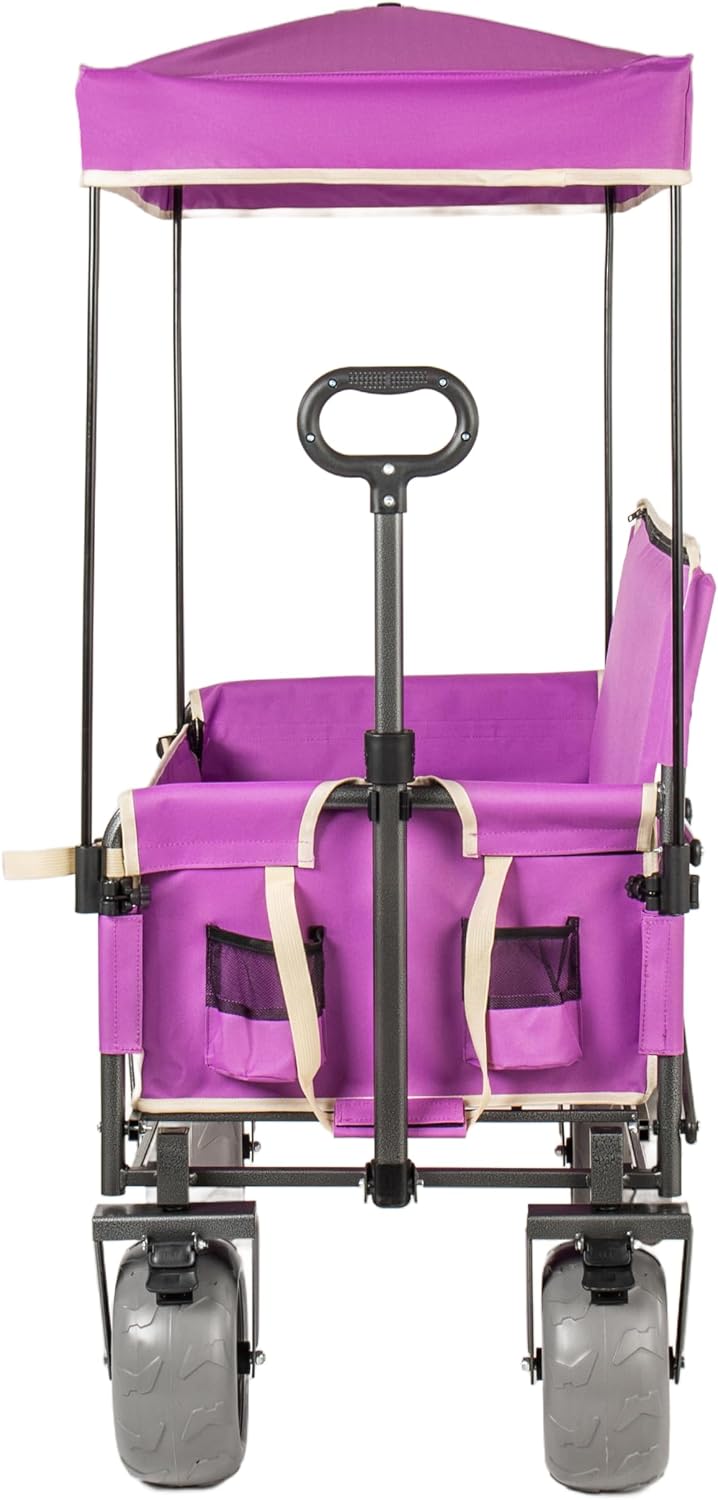 3-in-1 Folding Wagon with Bench Seat – 500lbs Capacity,Reinforced Carbon Steel Frame, 180L Cargo Space– Perfect for Camping, Beach, Outdoor Events & Heavy-Duty Hauling (Purple + Carport)