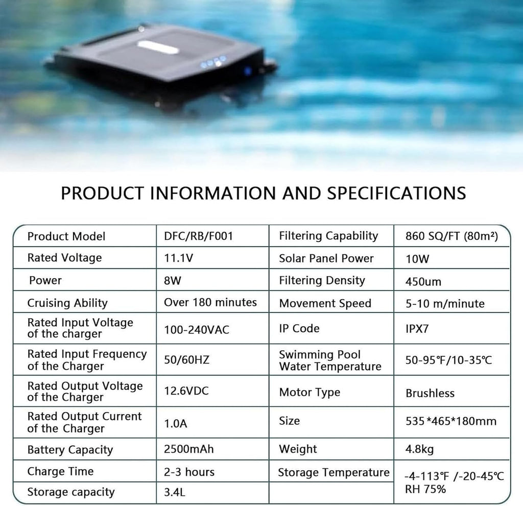 Solar Powered Pool Surface Cleaning Robots, Dual Charging Mode, Two Cleaning speeds, Smart Obstacle Avoidance, Up to 1600 SQ/FT, 2500mAh