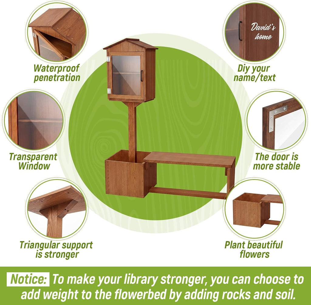 Wonderjune Little Library Box Outdoor with Bench & Planter DIY Paintable Lending free Library Solid Pine Wood Neighborhood Share Box Ground Mount Kit for Yard Garden Community School(Dark Brown)