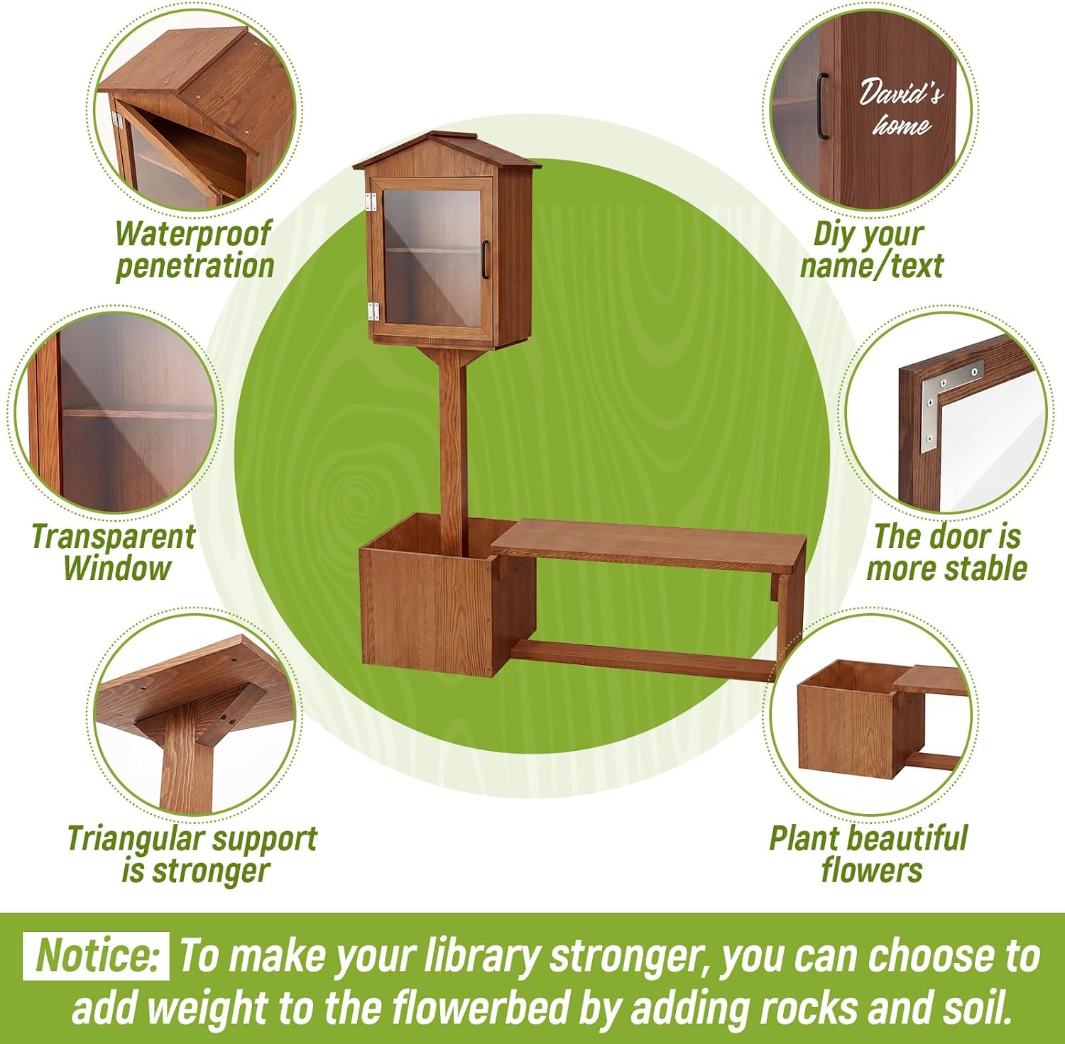 Wonderjune Little Library Box Outdoor with Bench & Planter DIY Paintable Lending free Library Solid Pine Wood Neighborhood Share Box Ground Mount Kit for Yard Garden Community School(Dark Brown)
