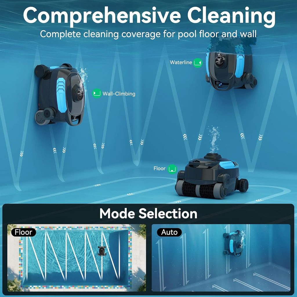 Cordless Robotic Pool Cleaner, Wall Climbing, Extended Battery Life, 8L Capacity, Advanced Dual-Motor, Dual Filtration Bag, X3 Pool Vacuum for Inground & Above Ground Pools Up to 1615 Sq.Ft, Blue