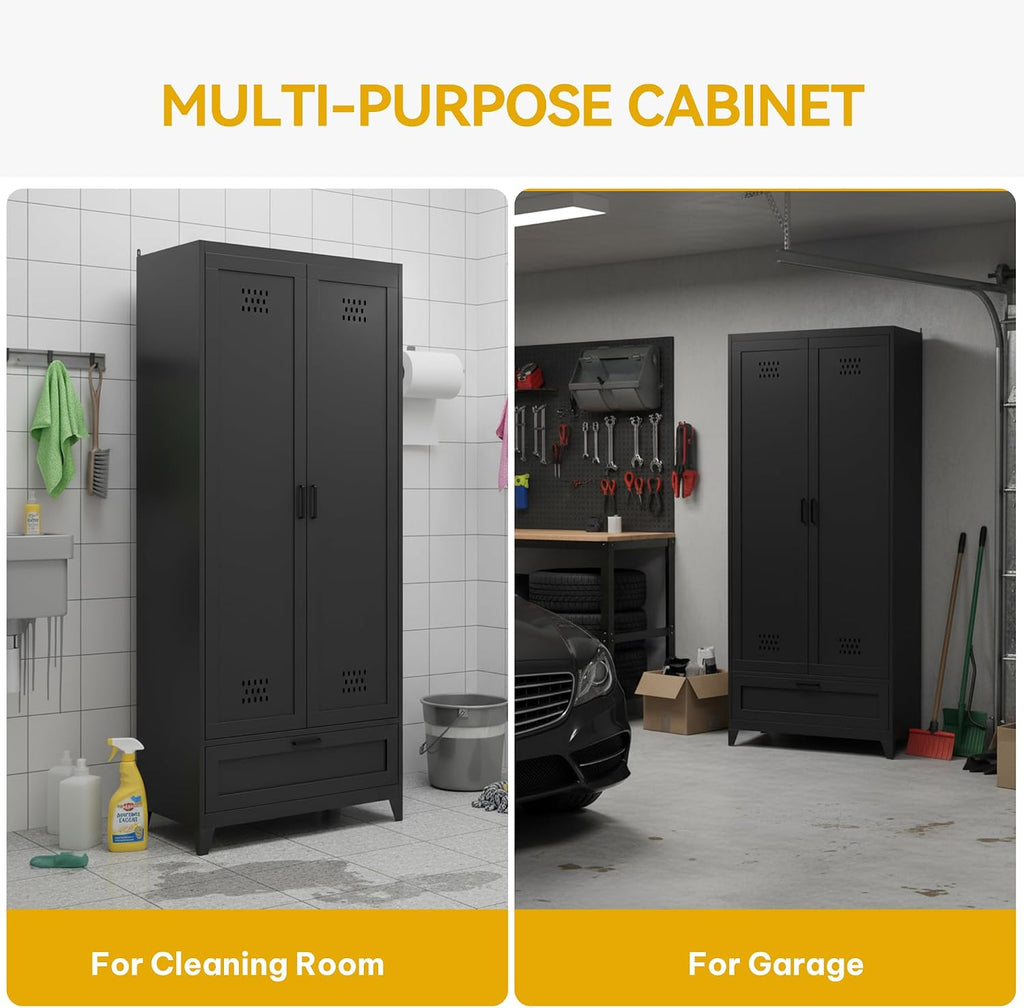 DWVO Metal Garage Storage Cabinet with Pegboard, 71' Tall Broom Cabinet with Lights, Adjustable Shelves, Heavy Duty Tool Storage Cabinet for Garage, Cleaning Room, Gym