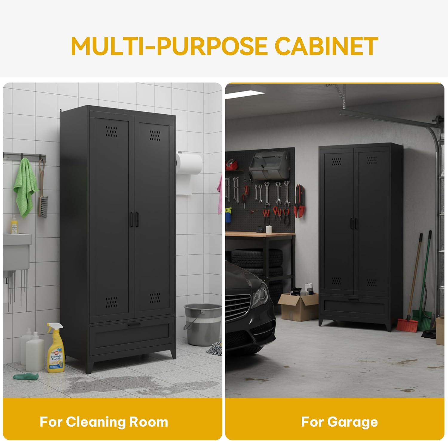 DWVO Metal Garage Storage Cabinet with Pegboard, 71' Tall Broom Cabinet with Lights, Adjustable Shelves, Heavy Duty Tool Storage Cabinet for Garage, Cleaning Room, Gym