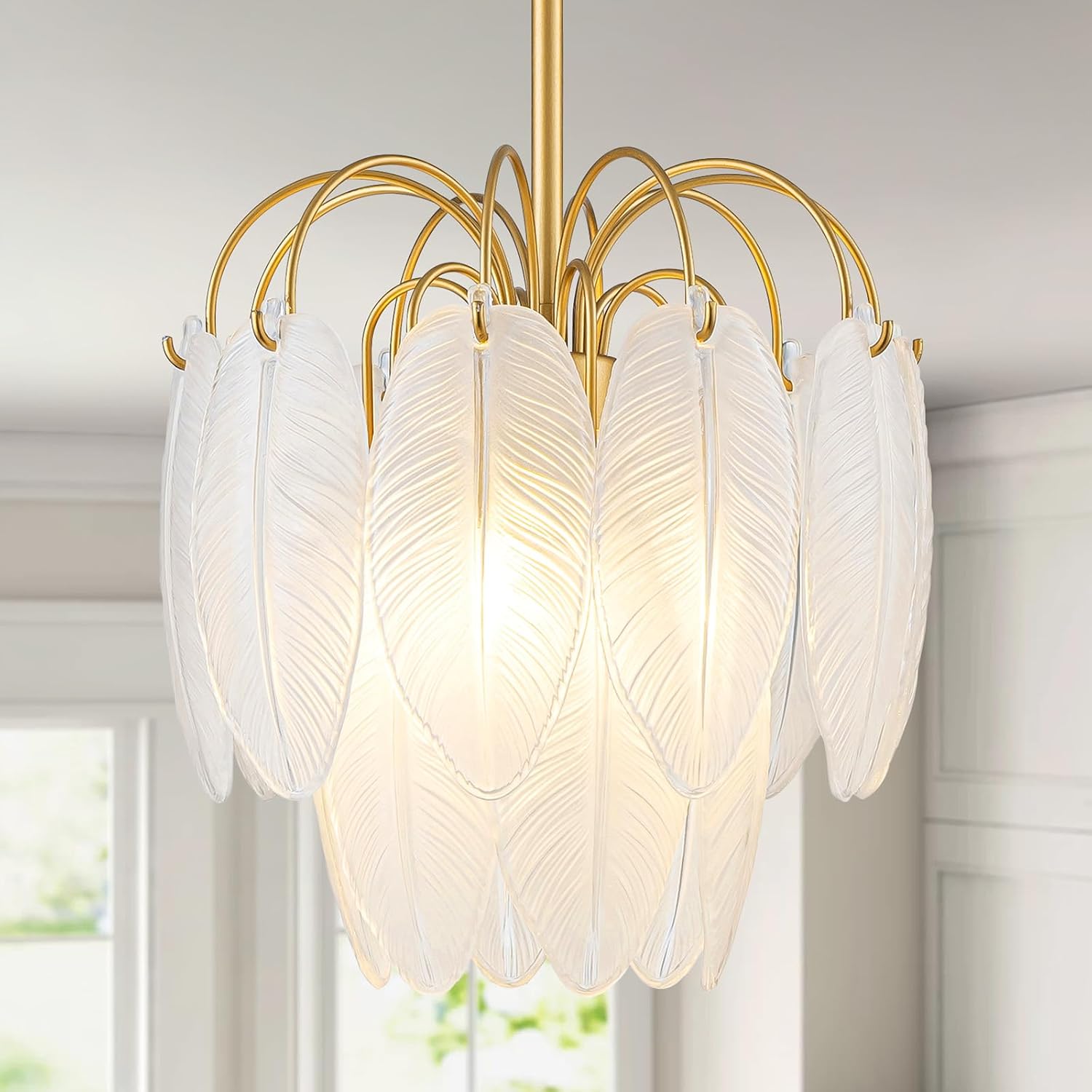 LumFurn D12in Glass Chandeliers, 3-Light Modern Pendant Light Fixture for Kitchen, Dining Room, Living Room, D12x18~47in Adjustable Height, Frosted Glass Feather Shade & Gold Finish Frame
