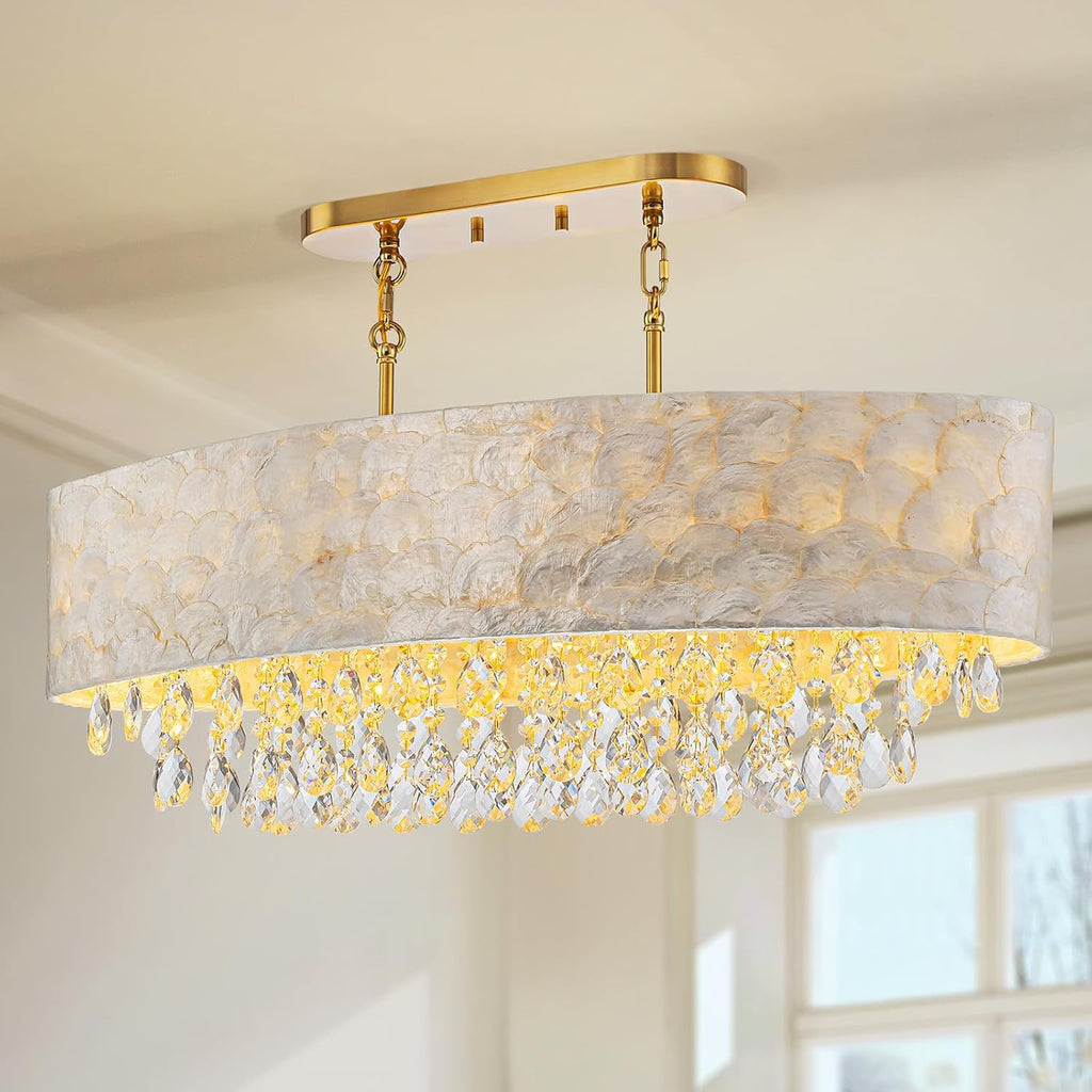 LumFurn 6-Light Oval Capiz Shell Crystal Linear Chandeliers, Coastal Design Light Fixture for Dining Room, Kitchen Island, L32xW12xH19~65in(Adjustable), K9 Crystal, Shell Lampshade & Brass Finish