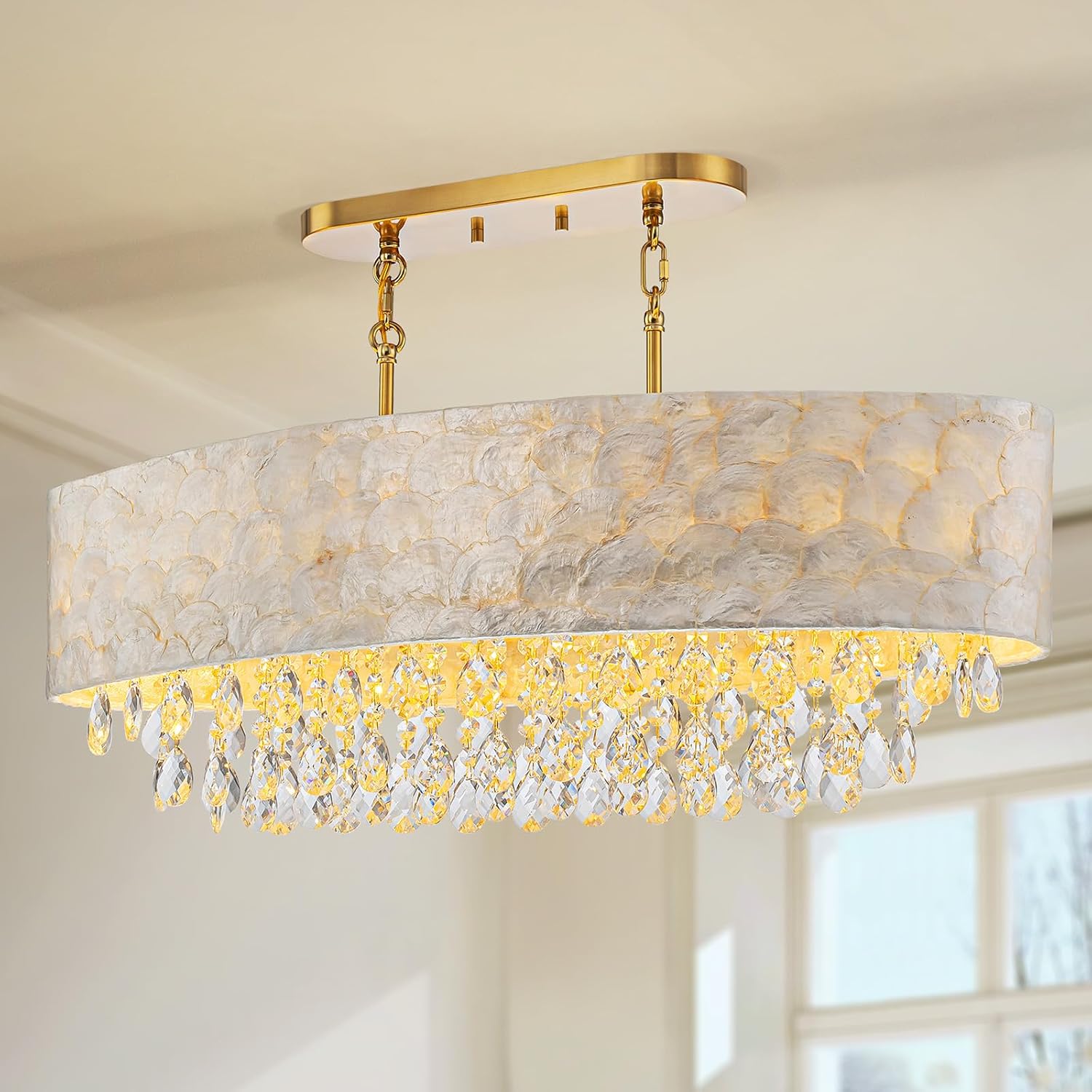 LumFurn 6-Light Oval Capiz Shell Crystal Linear Chandeliers, Coastal Design Light Fixture for Dining Room, Kitchen Island, L32xW12xH19~65in(Adjustable), K9 Crystal, Shell Lampshade & Brass Finish