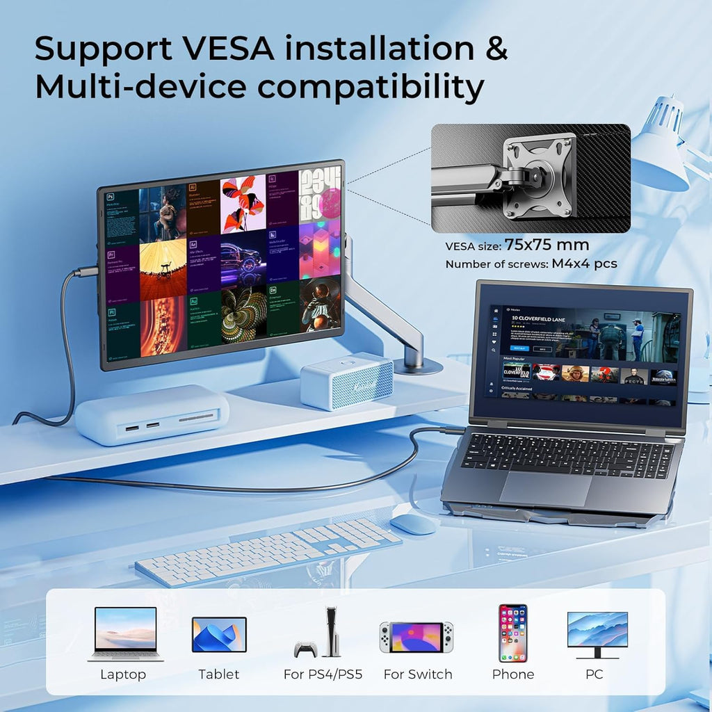 Portable Laptop Screen Extender 16.1' 1200P FHD, Rotatable & Adjustable Stand, USB-C/HDMI for 13-17.5' Laptops, Mac/Windows/Chrome/Android/Dex