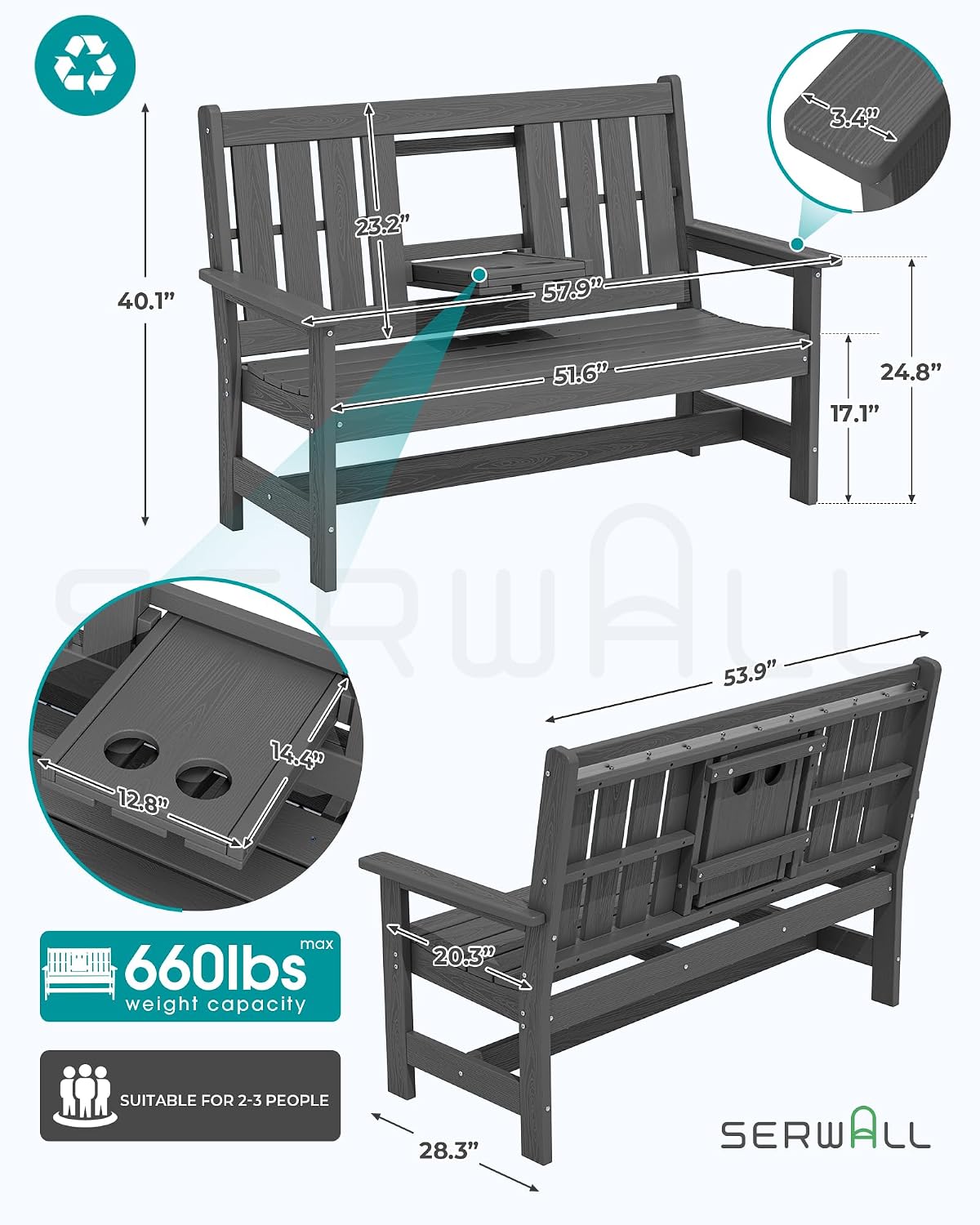 SERWALL Outdoor Bench with Cup Holder, 58' HDPE Garden Park Bench Suitable for 3 Person, All Weather Patio Benches with High Backrest and Wide Armrests for Garden, Park, Yard, Front Porch, Grey