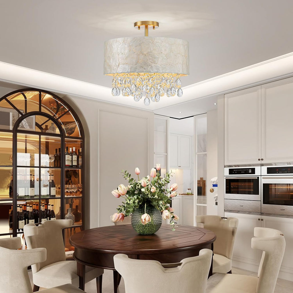 LumFurn D16in Capiz Shell K9 Crystal Drum Chandeliers, 4-Light Coastal Design Semi-Flushmount Ceiling Light Fixture for Dining Room, Kitchen & Bedroom, D16xH16in, Shell Lampshade & Brass Finish