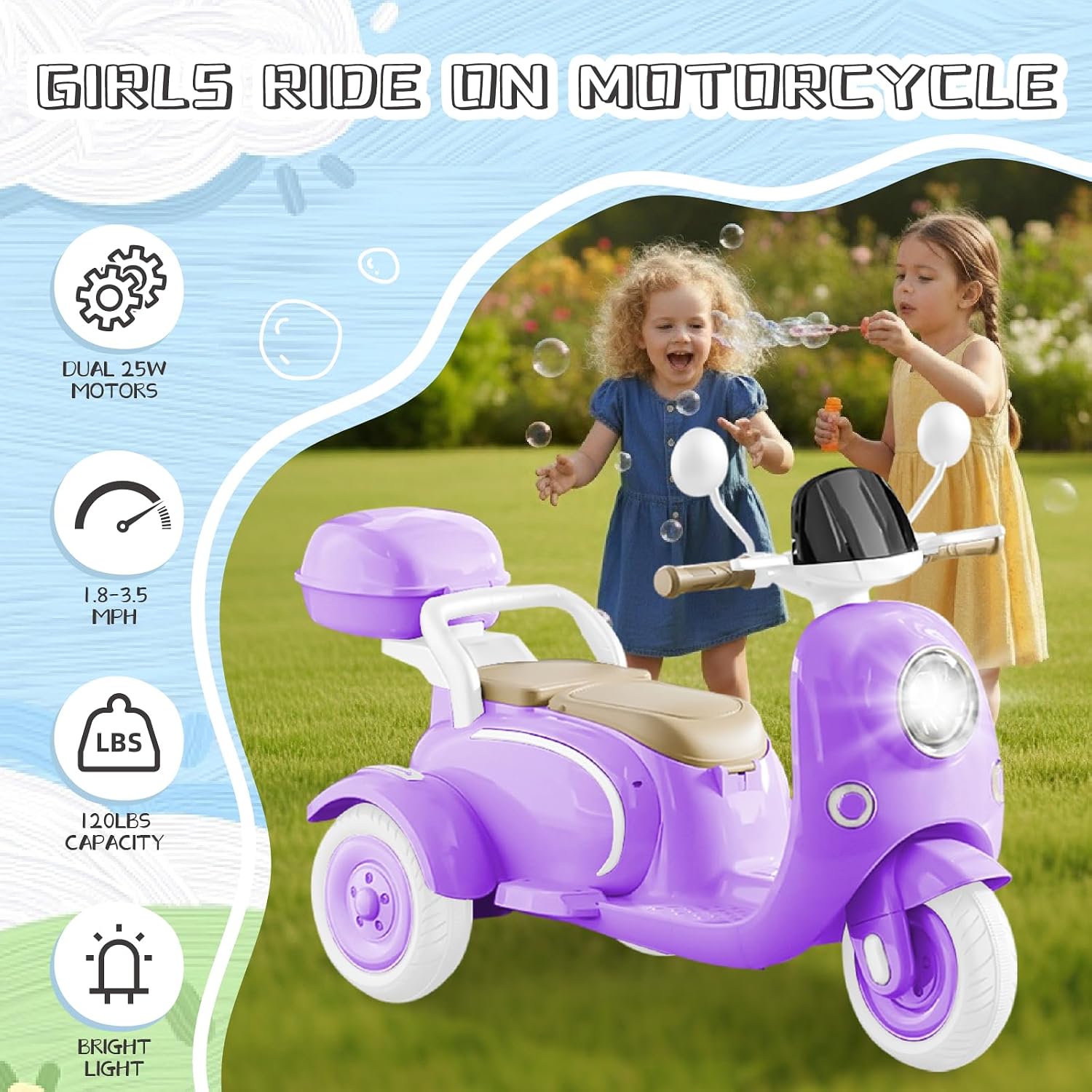 HEIMILI 12V 2-Seater Ride on Motorcycle for Kids, 3 Wheel Electric Motorbike with Dual 25W Motors, Toddler Moped Scooter with Bluetooth Music, Battery Powered Toy for Girls Boys 3-6 Years, Purple