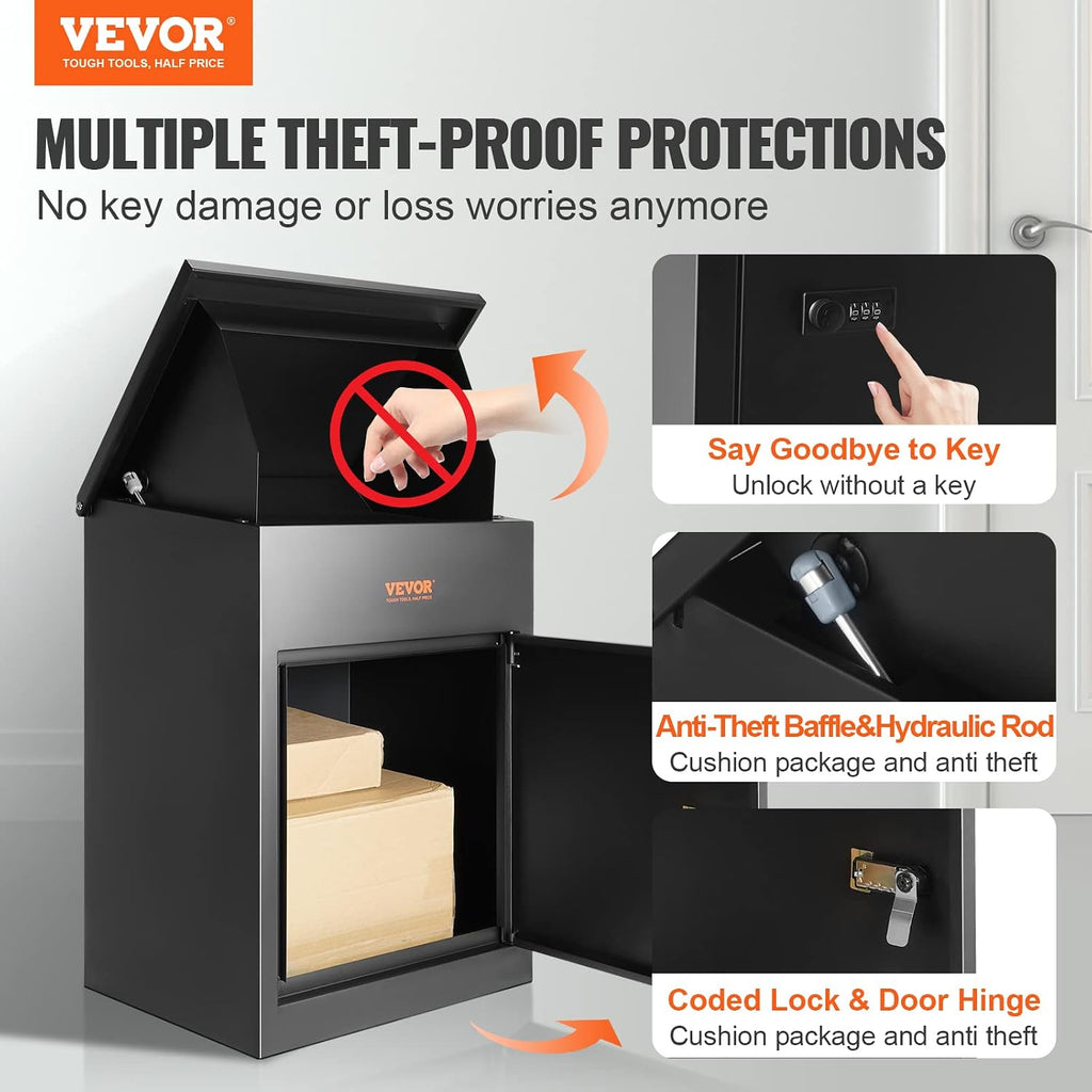 VEVOR Package Delivery Boxes for Outside, Extra Large Mailbox with Coded Lock, Galvanized Steel Wall Mounted Mailboxes 17.3'x13.8'x22.8', Anti-Theft Baffle, IPX3 Waterproof for Porch, Curbside