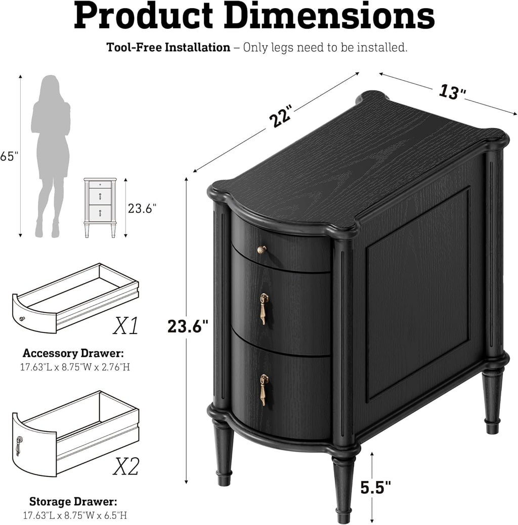 STO'SENSE Nightstand w/Charging Station & 3 Drawers, Pre-Assembled, Vintage Side Table w/Antique-Finished Pulls, Rustic Wood Finish, Narrow End Table w/Turned Legs for Bedroom (1, Black)
