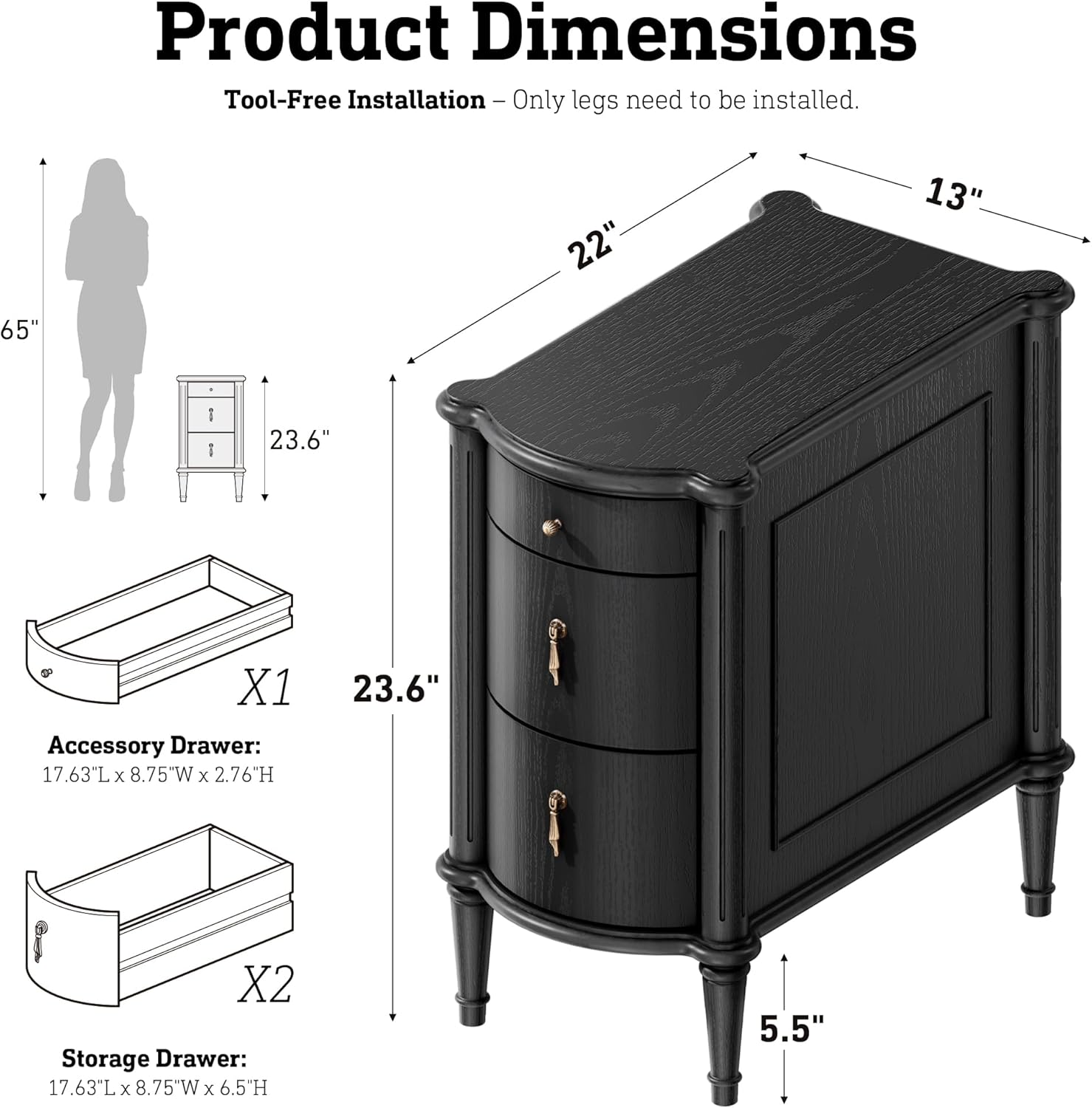STO'SENSE Nightstand w/Charging Station & 3 Drawers, Pre-Assembled, Vintage Side Table w/Antique-Finished Pulls, Rustic Wood Finish, Narrow End Table w/Turned Legs for Bedroom (1, Black)
