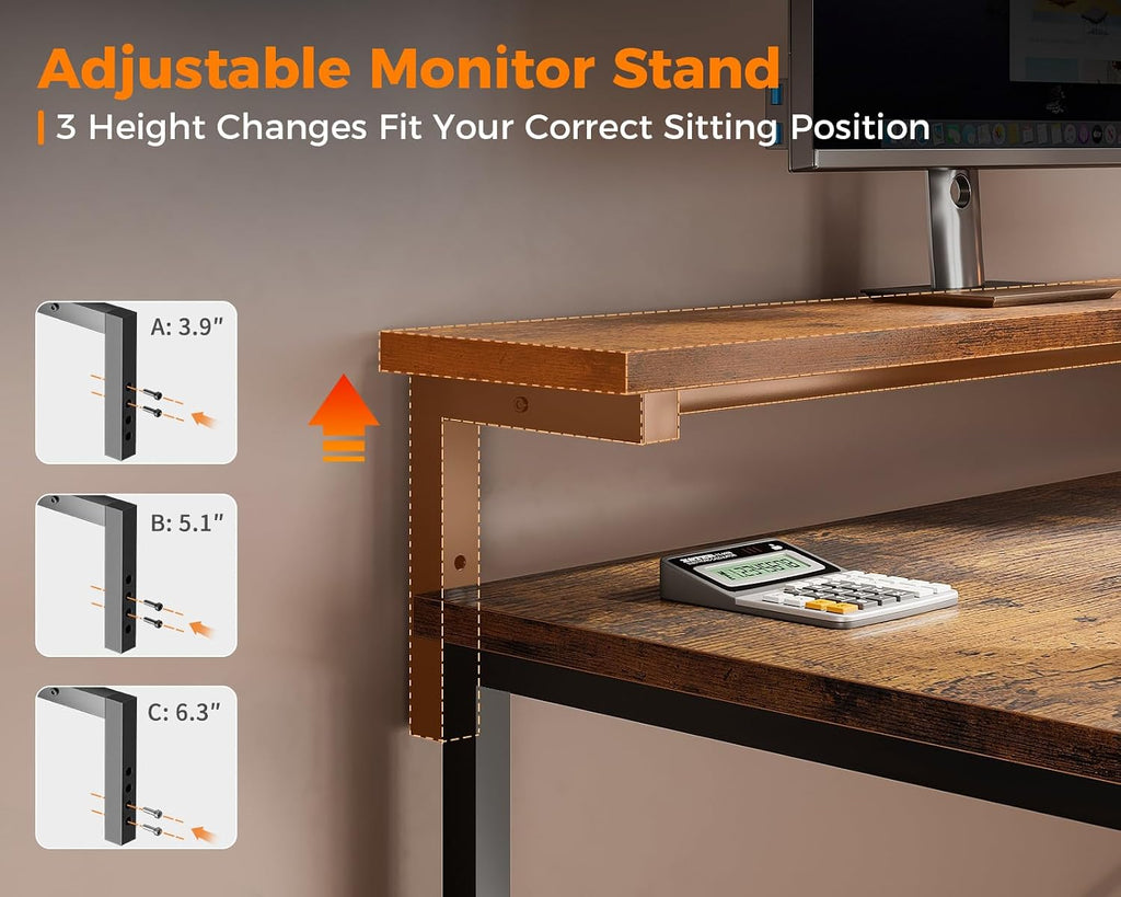 AODK 55' L Shaped Computer Desk, Office Desk with 2 Drawers File Cabinet, Power Outlet and Adjustable Monitor Stand, Reversible Corner Desk with Storage Bag, Vintage