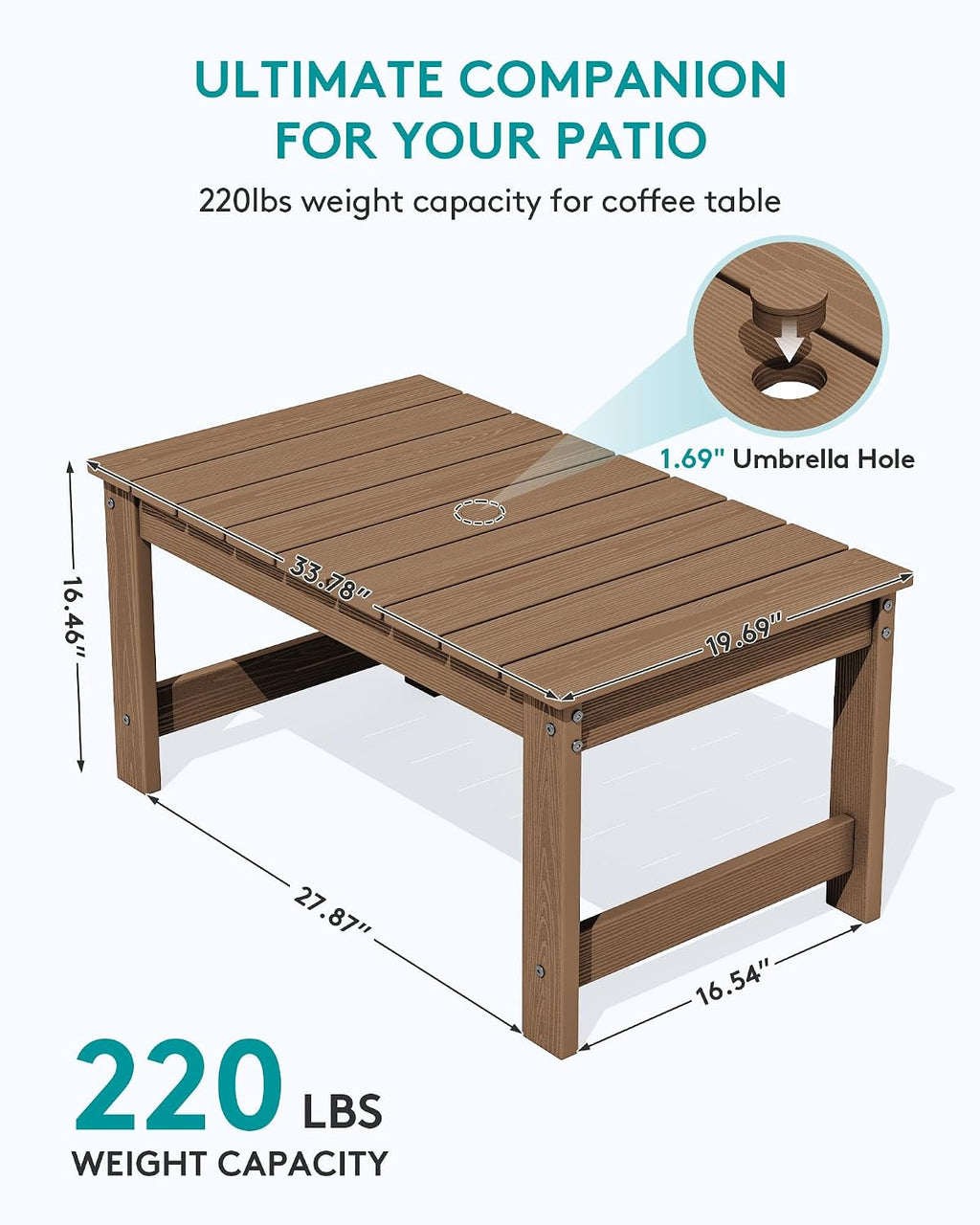 SERWALL 3 Pieces Patio Adirondack Bench Set, 2 Folding Adirondack Bench & 1 Coffee Table with Umbrella Hole Set for Front Porch Garden Balcony Backyard, Brown