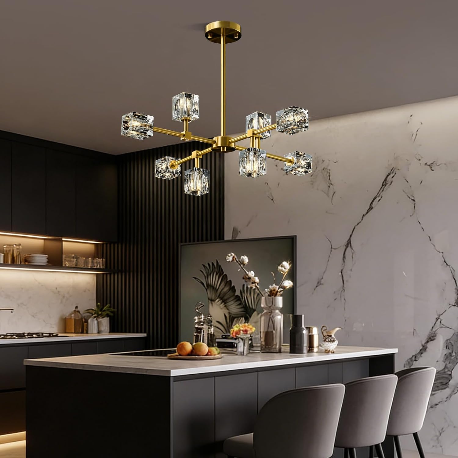 Modern Sputnik Crystal Kitchen Chandelier - Luxury Elegant 8 Light Gold Brushed Brass Chandeliers - Adjustable Height Pendant Lighting Ceiling Fixture for Dining Room Living Room Island Table Bedroom