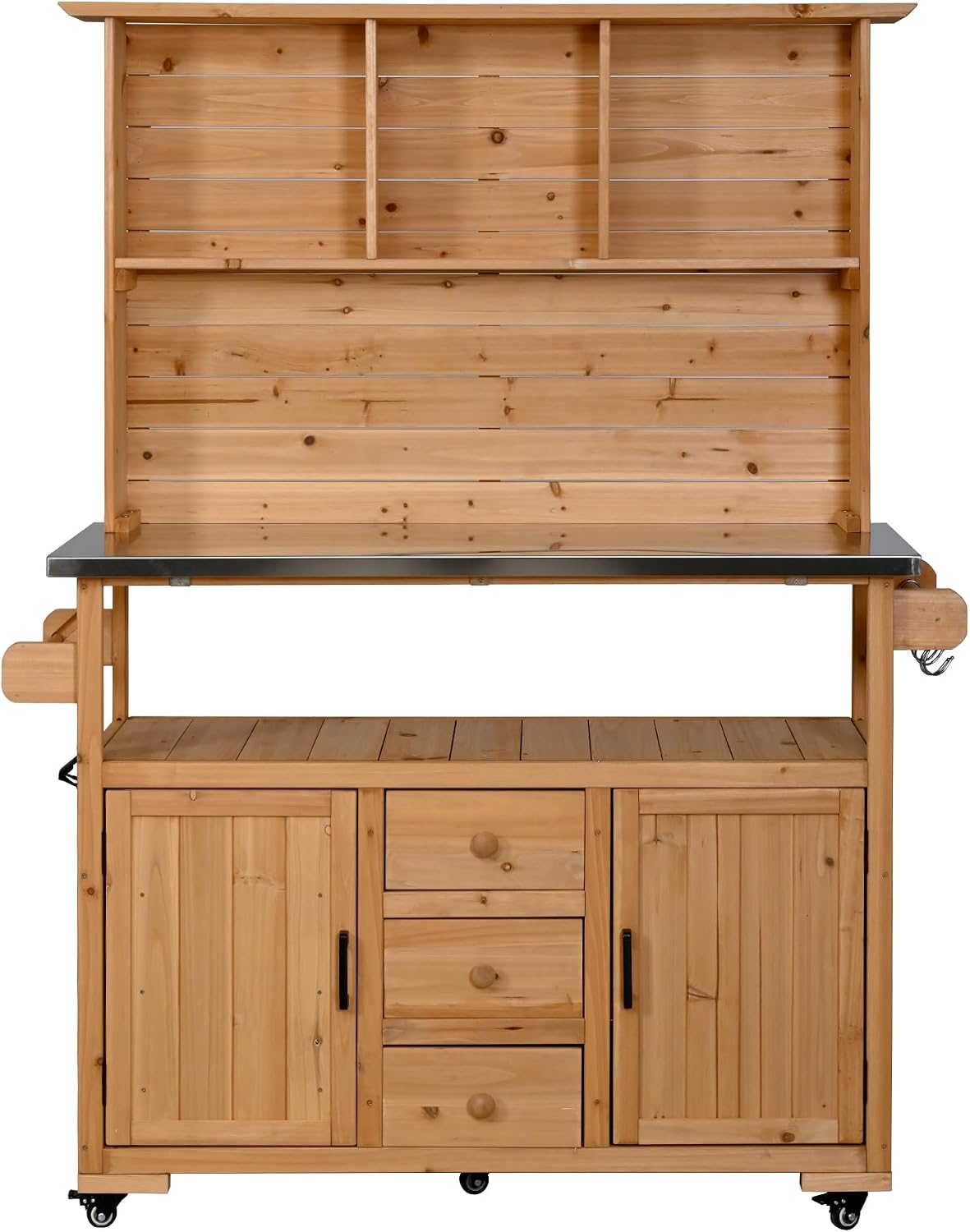 65''H Large Garden Potting Bench, Solid Fir Wood Outdoor Kitchen Island with Lockable Wheels, Stainless Steel top, Drawers, Shelf and Cabinets, Door Shelves and Hutch for Grilling (Natural-113)
