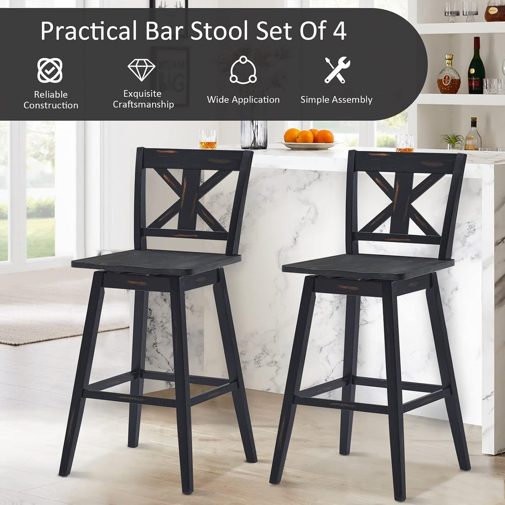 COSTWAY Bar Stools Set of 4, 360 Degree Swivel, 29-inch Height Chairs w/Non-Slip Foot Pads, Rubber Wood Bar Chairs, Vintage Bar Stools for Home, Restaurant (Black)