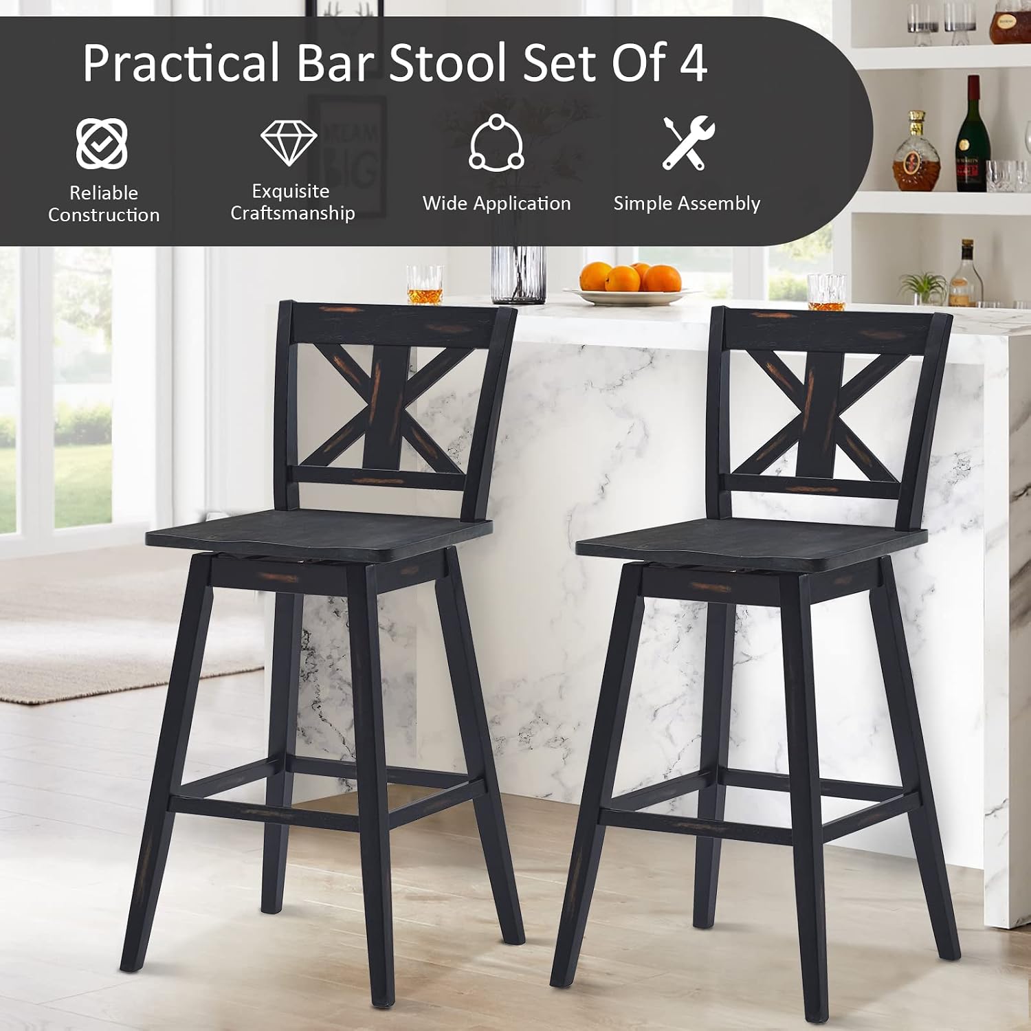 COSTWAY Bar Stools Set of 4, 360 Degree Swivel, 29-inch Height Chairs w/Non-Slip Foot Pads, Rubber Wood Bar Chairs, Vintage Bar Stools for Home, Restaurant (Black)