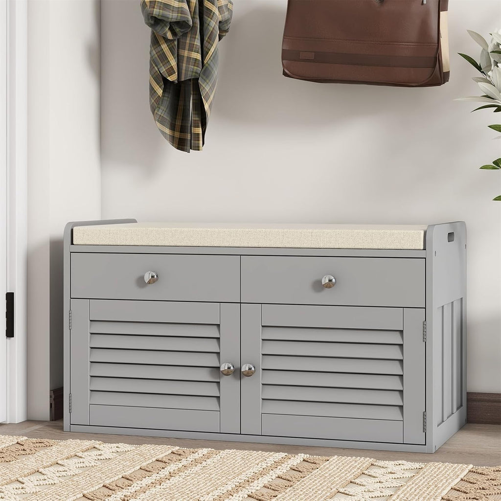 WARMHONIU Shoe Storage Bench with 2 Drawers, Entryway Bench with Cushion, Adjustable Shelves, Shoe Rack Bench with Louvered Doors for Entryway, Bedroom, Hallway, White