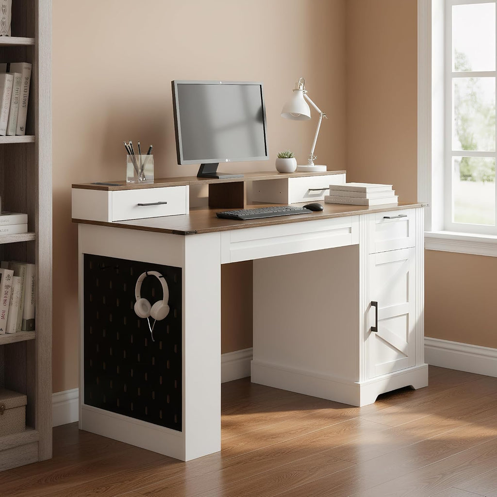 55' Farmhouse Computer Desk with Power Outlets, Removable Monitor Stand with Drawers, Convertible Keyboard Tray & Storage Cabinet, Home Office Writing Desk with Pegboard Organizer