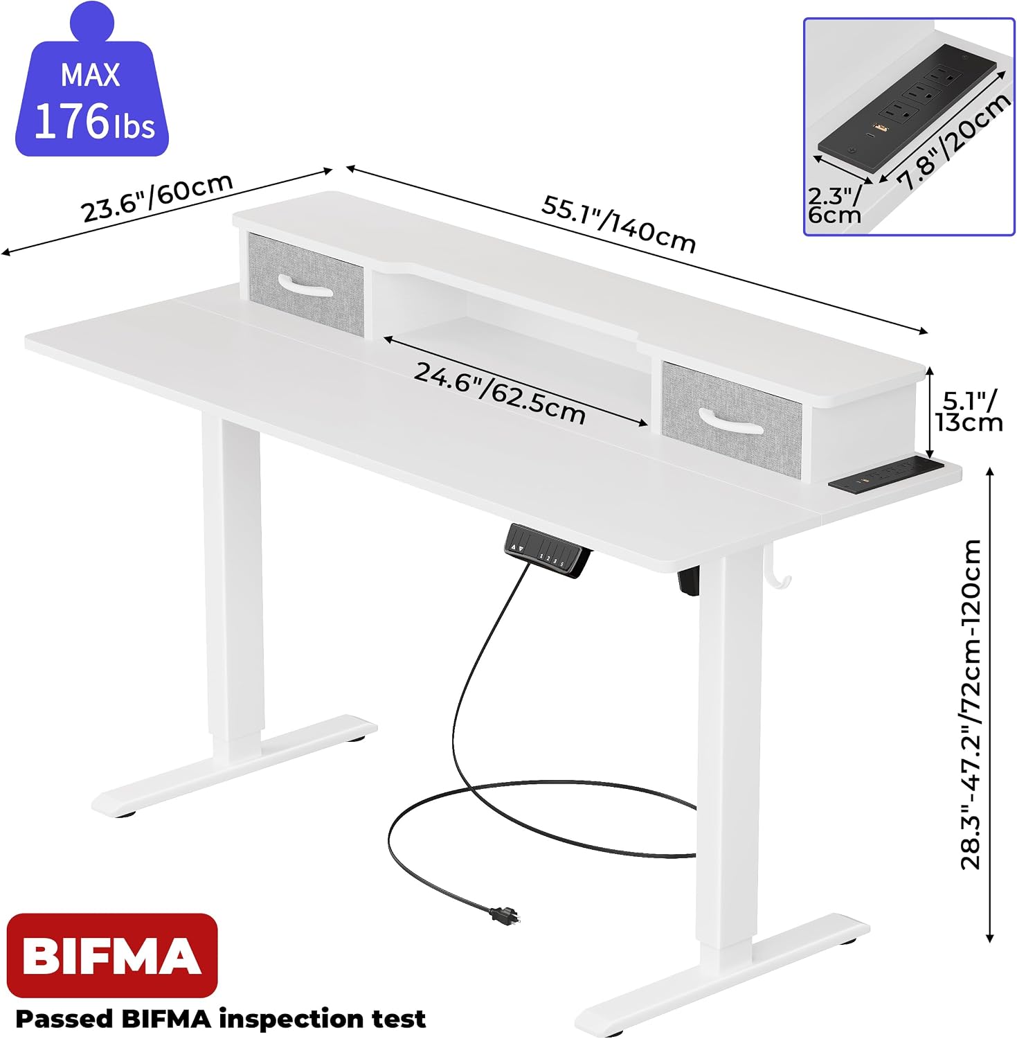 JOISCOPE 55 Inch Electric Standing Adjustable Height Desk with USB & Type-C Outlet, Home Office Computer Gaming Desk with Display Riser and Double Drawer, Sit Stand Desk, White