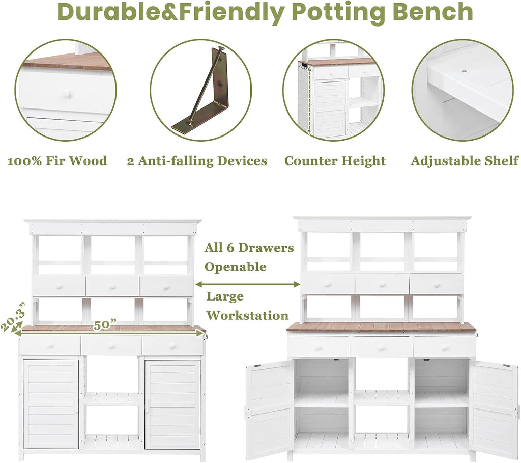 JIVOIT Outdoor Wood Workstation Table, 65.7'' H Tall Garden Potting Bench Table with Hutch, 3 Shelves, 6 Drawers, 2 Bottom Cabinets & Side Hooks, Patio Storage Workstation for Mudroom, Doorway