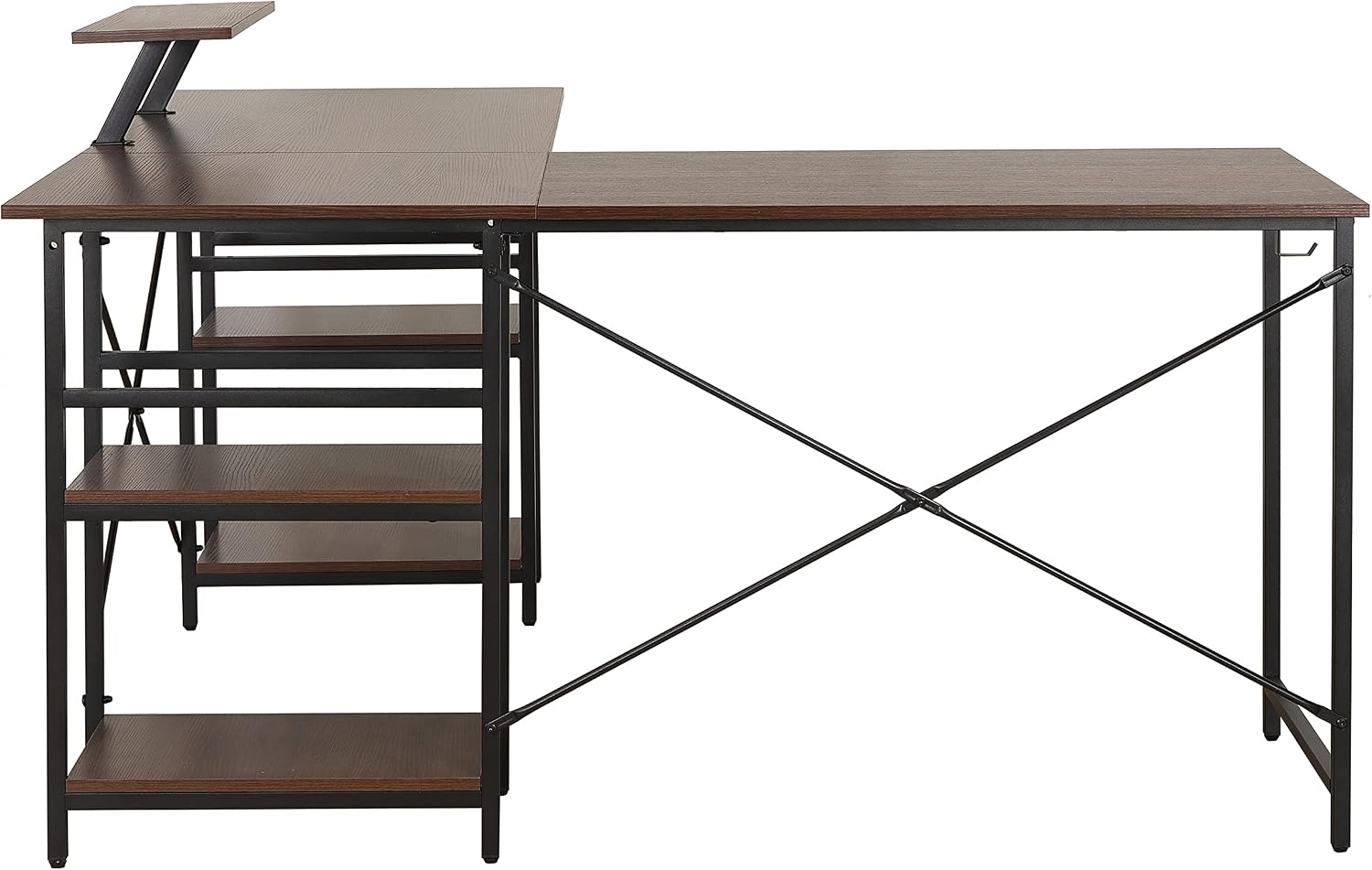 Techni Mobili Office Desk - Reversible L Shaped Desk with Storage Shelves, Monitor Stand & Accessory Holder - Ergonomic & Industrial Workstation Corner Table with Durable Steel Frame, Walnut