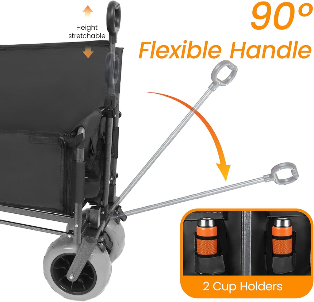 3-in-1 Folding Wagon with Bench Seat – 500lbs Capacity,Reinforced Carbon Steel Frame, 180L Cargo Space– Perfect for Camping, Beach, Outdoor Events & Heavy-Duty Hauling (Black + Cup Holder)