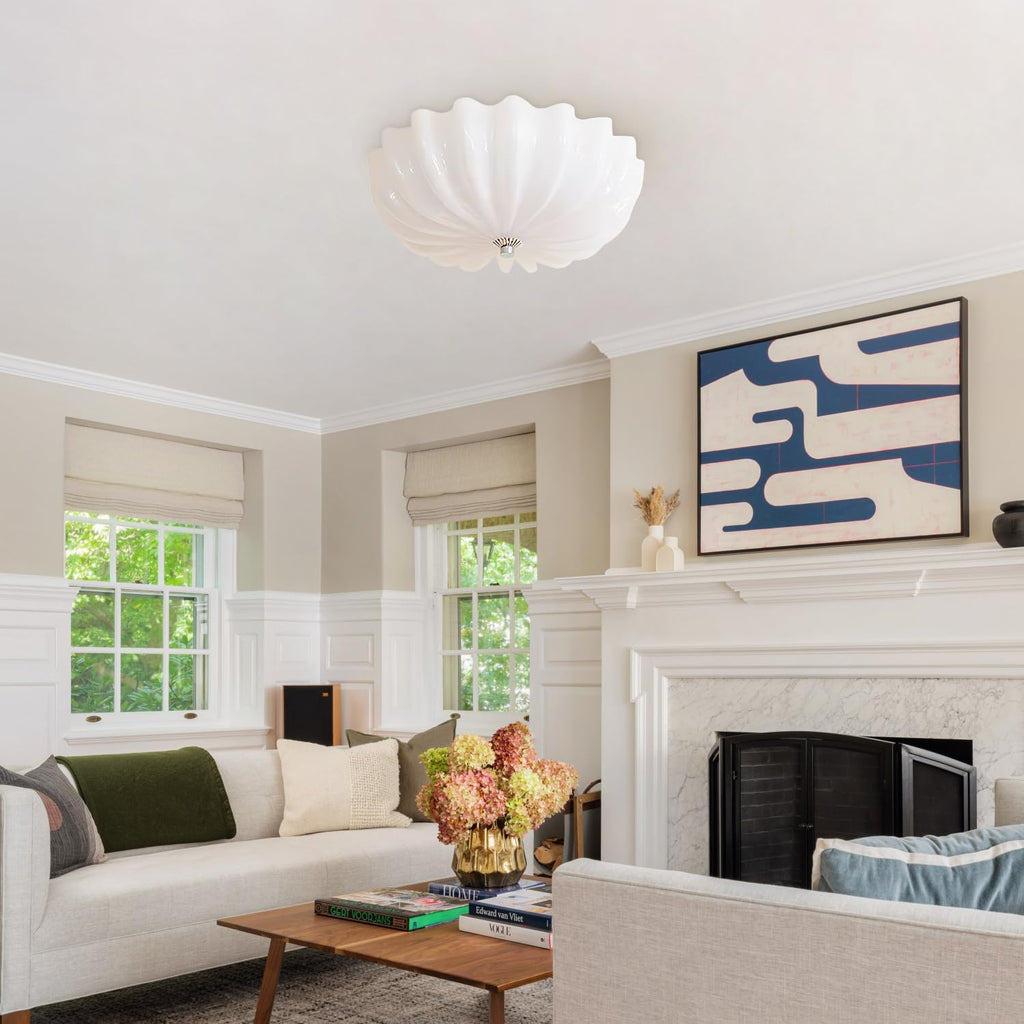 Large White Scalloped Semi Flush Mount Ceiling Light Vintage Milk Glass Flush Mount Ceiling Light Mid Century Modern Ceiling Lights for Entryway Hallway Bedroom