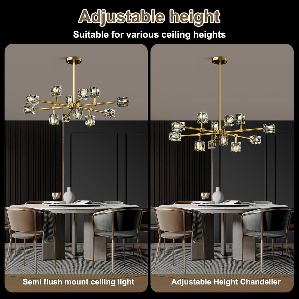 Modern Sputnik Crystal Kitchen Chandelier - Luxury Elegant 12 Light Adjustable Height Pendant Lighting Ceiling Fixture - Gold Brushed Brass Chandeliers for Dining Room Living Room Island Table Bedroom
