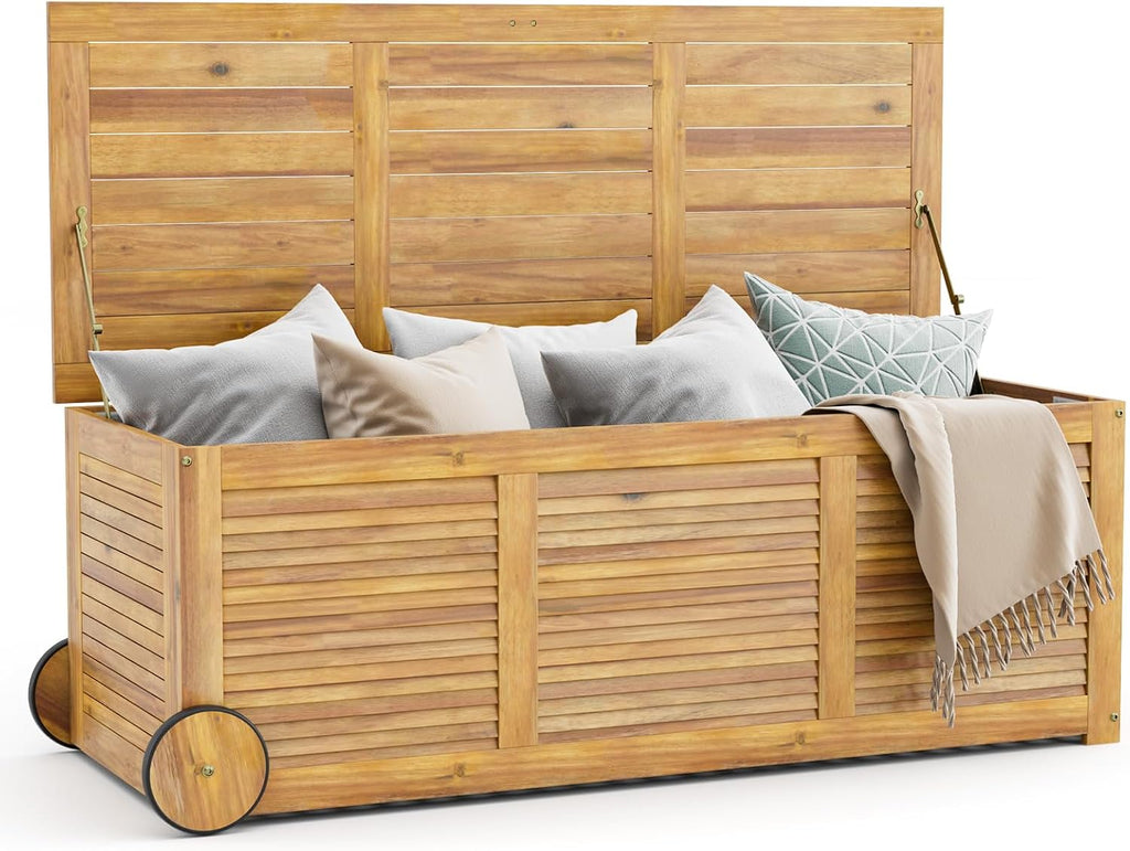 Tangkula 48 Gallon Outdoor Storage Box with Wheels, Portable Patio Acacia Wood Deck Box, with Side Handle, Waterproof Cover, for Patio, Balcony, Poolside, Garden (Natural)
