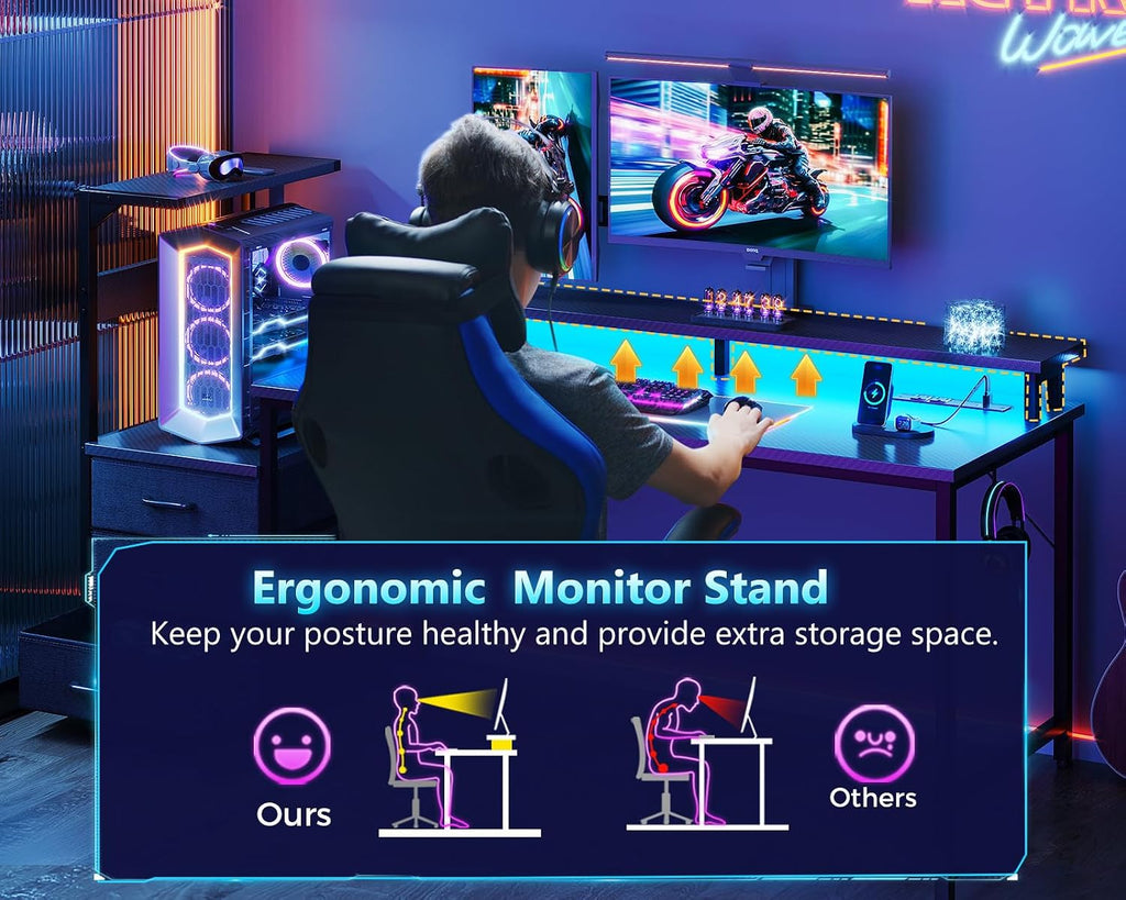 Casaottima 59 Inch Gaming Desk with USB Charging Ports & LED Light - Reversible Computer Desk with 3 Fabric Drawers, Monitor Stand, CPU Stand, Modern Office Desk, Black