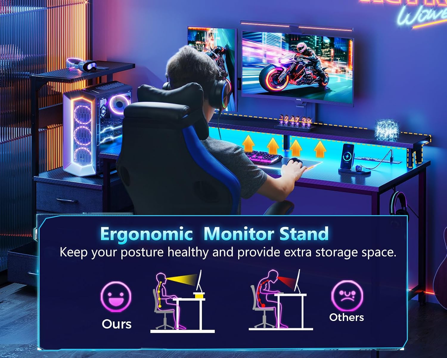 Casaottima 59 Inch Gaming Desk with USB Charging Ports & LED Light - Reversible Computer Desk with 3 Fabric Drawers, Monitor Stand, CPU Stand, Modern Office Desk, Black