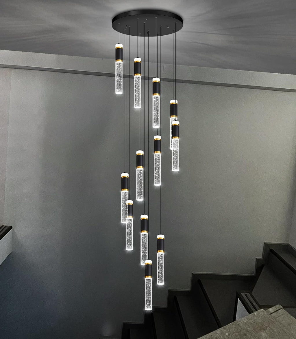 12-Lights Modern Crystal Chandelier for Staircase High Ceiling Chandeliers Large Spiral Bubble Pendant Lighting Hanging Light Fixture Flush Mount for Foyer Entryway