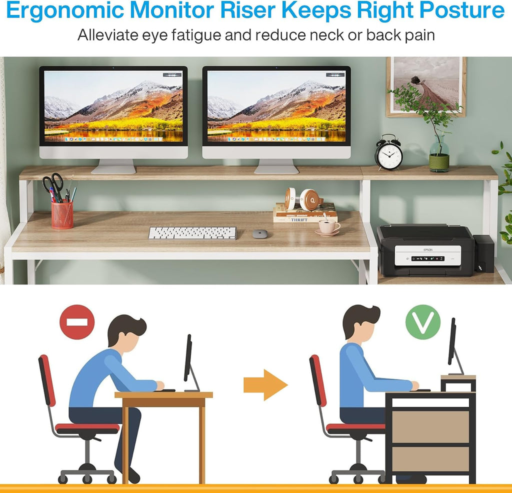 LITTLE TREE 63 Inch Computer Desk with File Drawer Cabinet, Home Office Desks with Ergonomic Monitor Stand