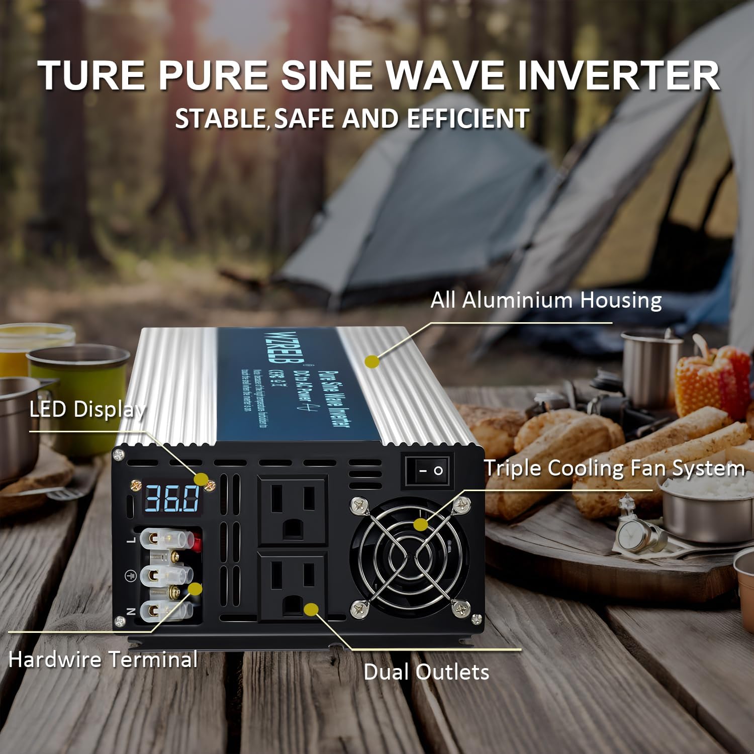 WZRELB 3500W Pure Sine Wave Inverter 36V DC to 110V 120V AC with LED Display,Remote Controller,Off-Grid Power Converter 7000W Surge with Dual AC Outlets, Hardwire Terminal for Home, RV, Truck, Camping