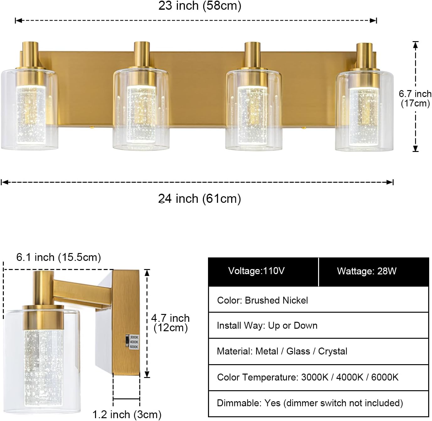 SineRise Vanity Light with 3 Color Modes (3000K/4000K/6000K), Eye Protection LED Bathroom Light Fixture, Dimmable Modern Wall Light Over Mirror with Clear Glass Shade (Gold, 4-Light)