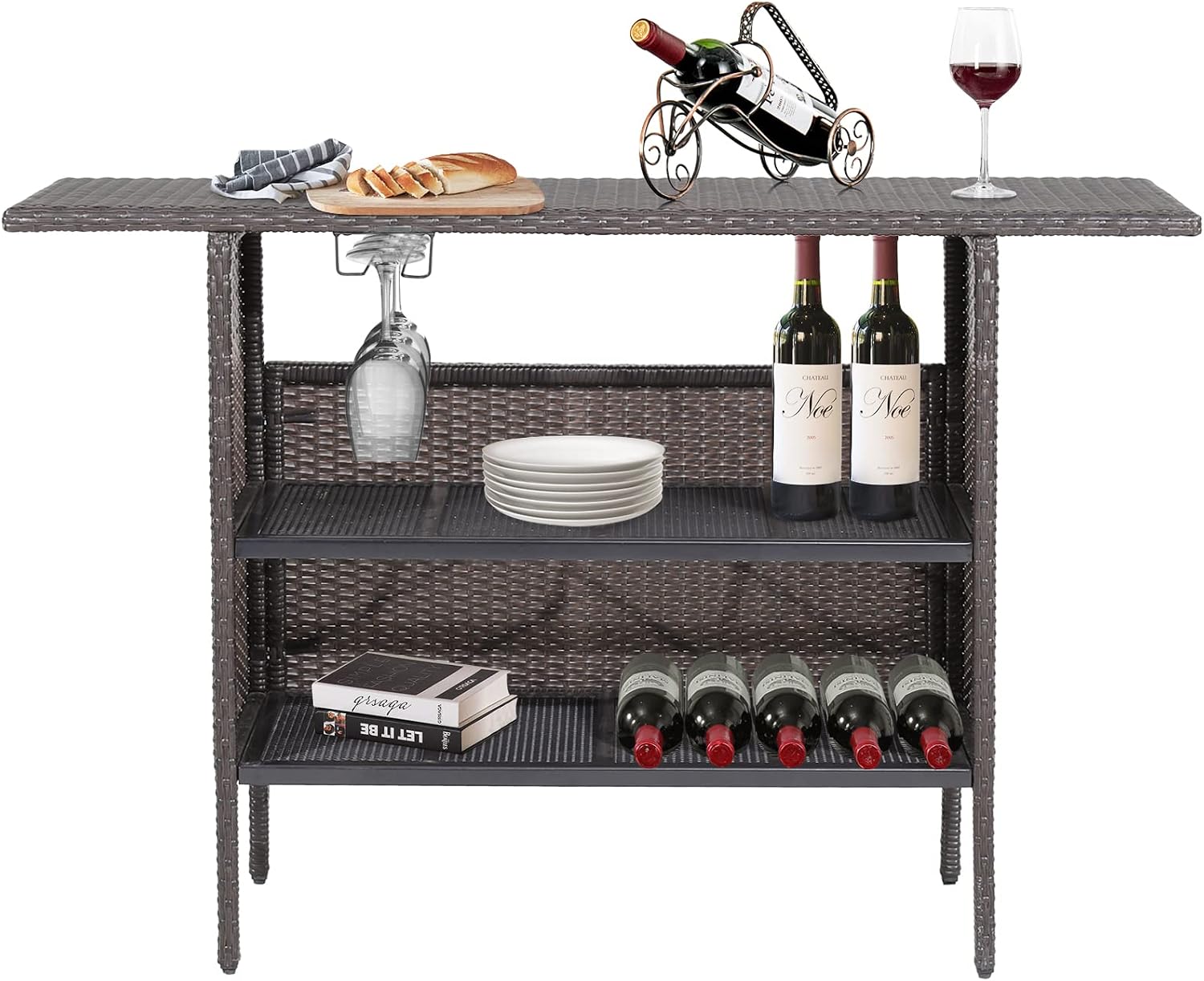Giantex Outdoor Patio Wicker Bar Table, 2 Storage Shelves, 55''W Tabletop, Rails for Hanging Wine Glasses, Heavy-Duty Metal Frame, Bistro Rattan Bar Counter Table for Poolside Backyard (Mix Brown)