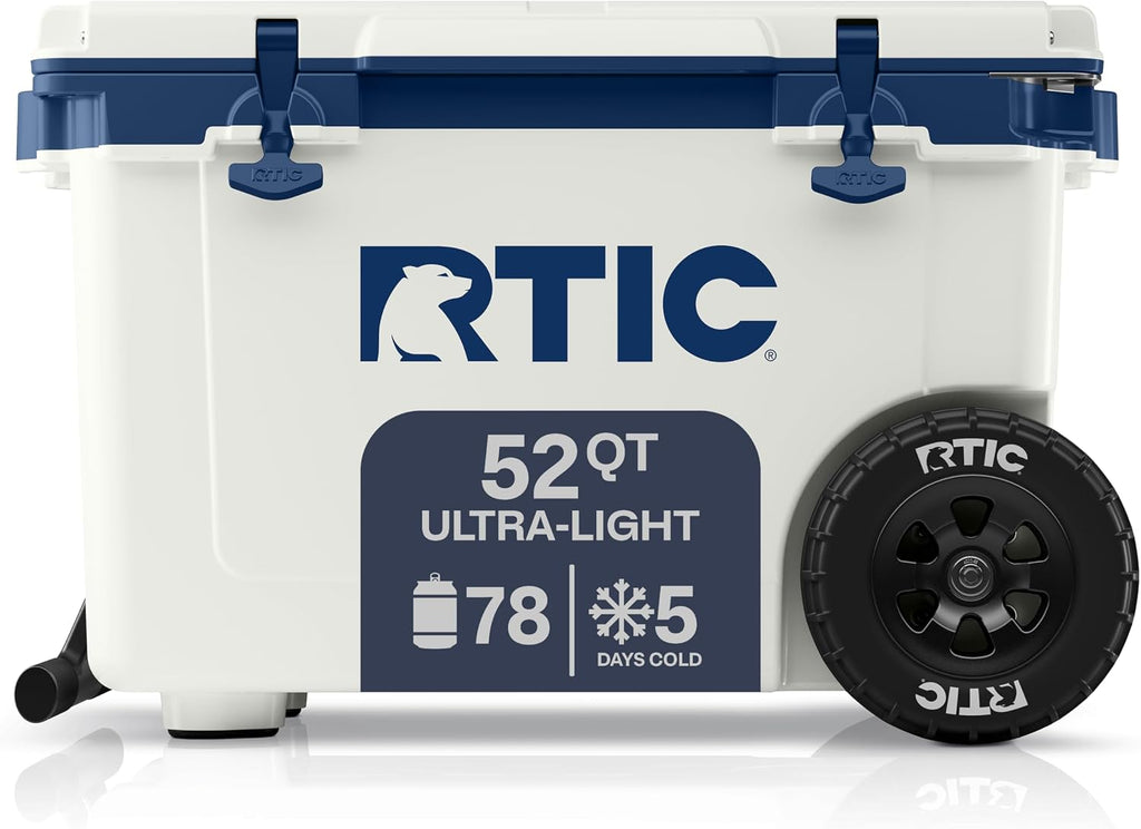 RTIC 52 Quart Ultra-Light Wheeled Hard Cooler Insulated Portable Ice Chest Box for Beach, Drink, Beverage, Camping, Picnic, Fishing, Boat, Barbecue, 30% Lighter Than Rotomolded Coolers